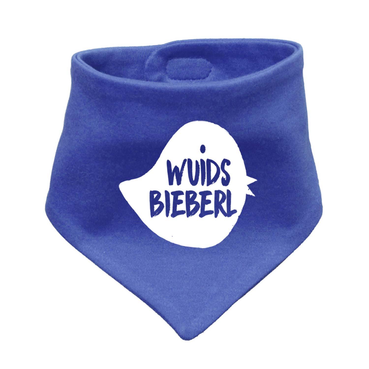 Blaues Babyhalstuch Wuids Bieberl mit weißem Sprechblasen-Druck für Babys und Kleinkinder, weiche Bio-Baumwolle