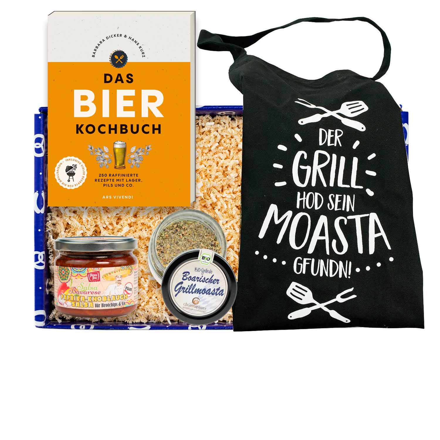 Geschenkbox Grillmoasta mit Bier Kochbuch, Grillschürze, Salsa und Grillgewürz für Männer
