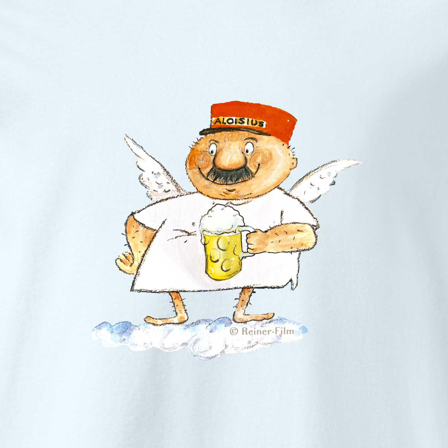 Engel Aloisius Damen T-Shirt A Bier sag i mit bayerischem Engel, roter Kappe und Bierkrug auf einer Wolke.