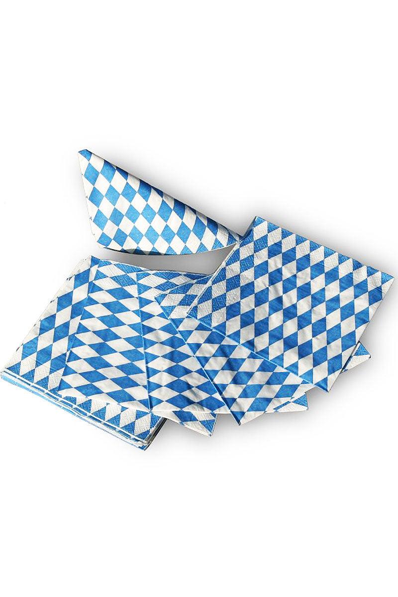 Weiße und blaue Servietten mit Rautenmuster aus der Oktoberfest-Box Wiesn-Deko, teilweise gefaltet.