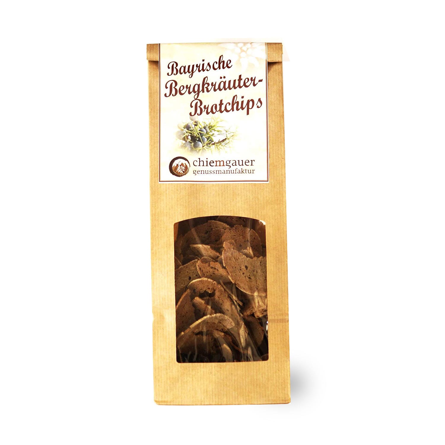 Transparente Tüte Bayrische Bergkräuter-Brotchips aus Kraftpapier mit Etikett und Kräuterillustration.