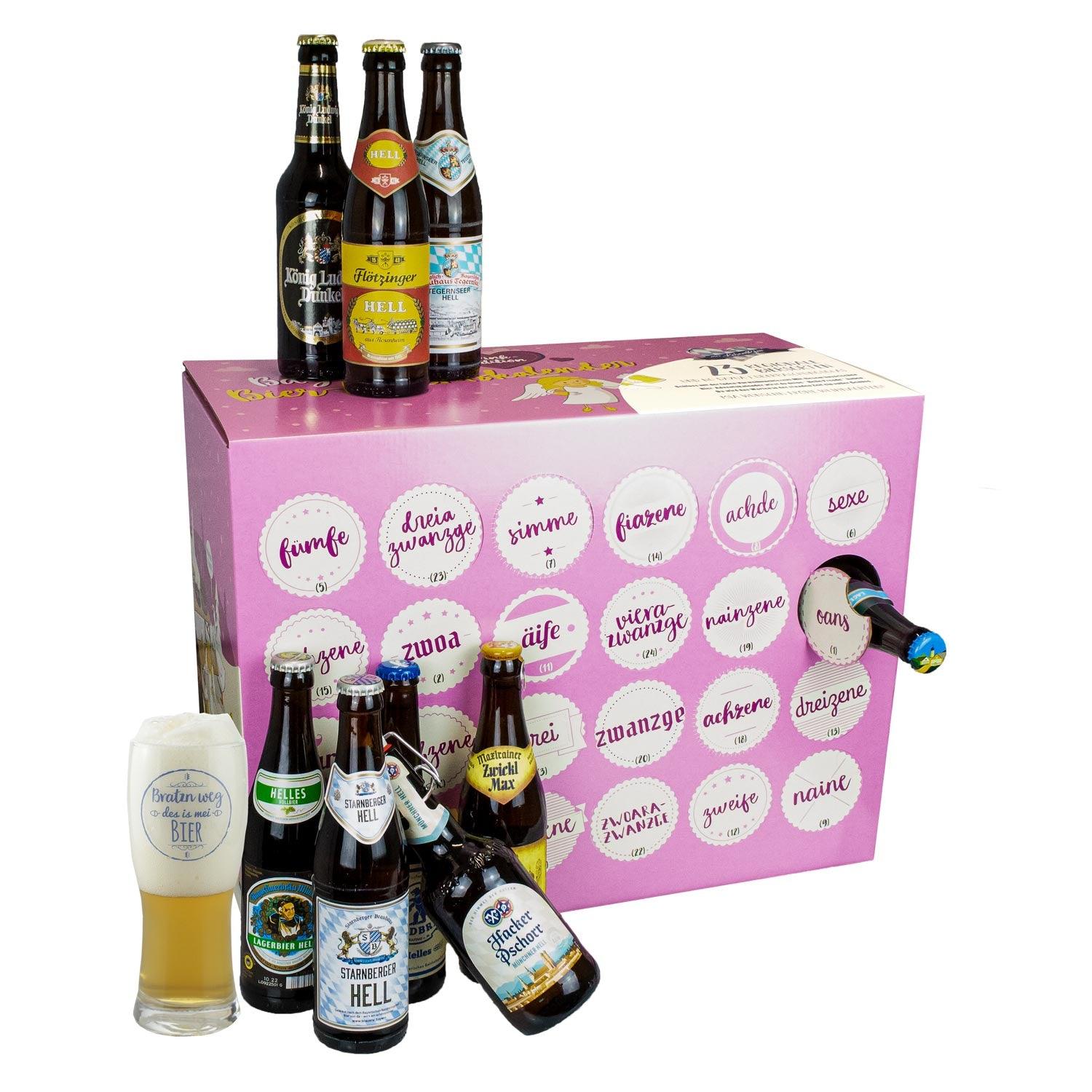 Bunt gefüllter Bier Adventskalender PINK Edition mit verschiedenen Biersorten, Glas und Flaschen im Vordergrund.