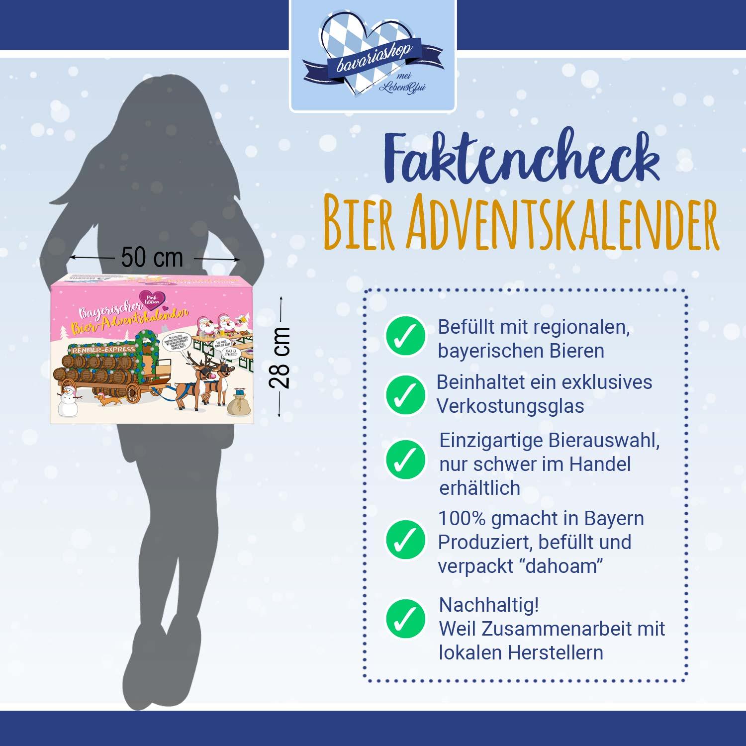 Bier Adventskalender PINK Edition, Maße 50x28cm, mit bayerischen Bieren und Verkostungsglas