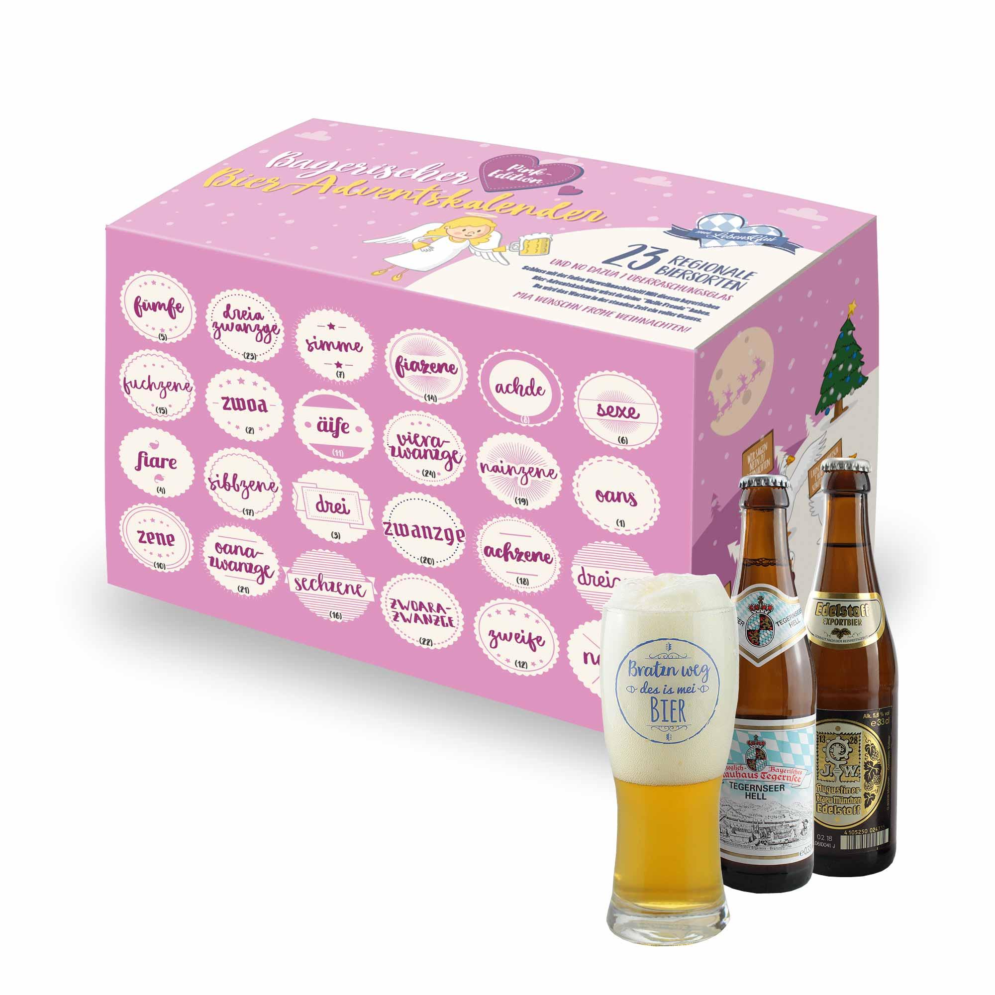 Bier Adventskalender PINK Edition mit 24 Türchen, gefüllt mit 23 regionalen Biersorten und einem Überraschungsglas.