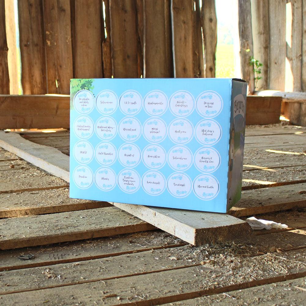 Bier-Box "Bayerischer Biergarten" mit hellblauer Oberfläche und runden Etiketten auf Holzbrettern.