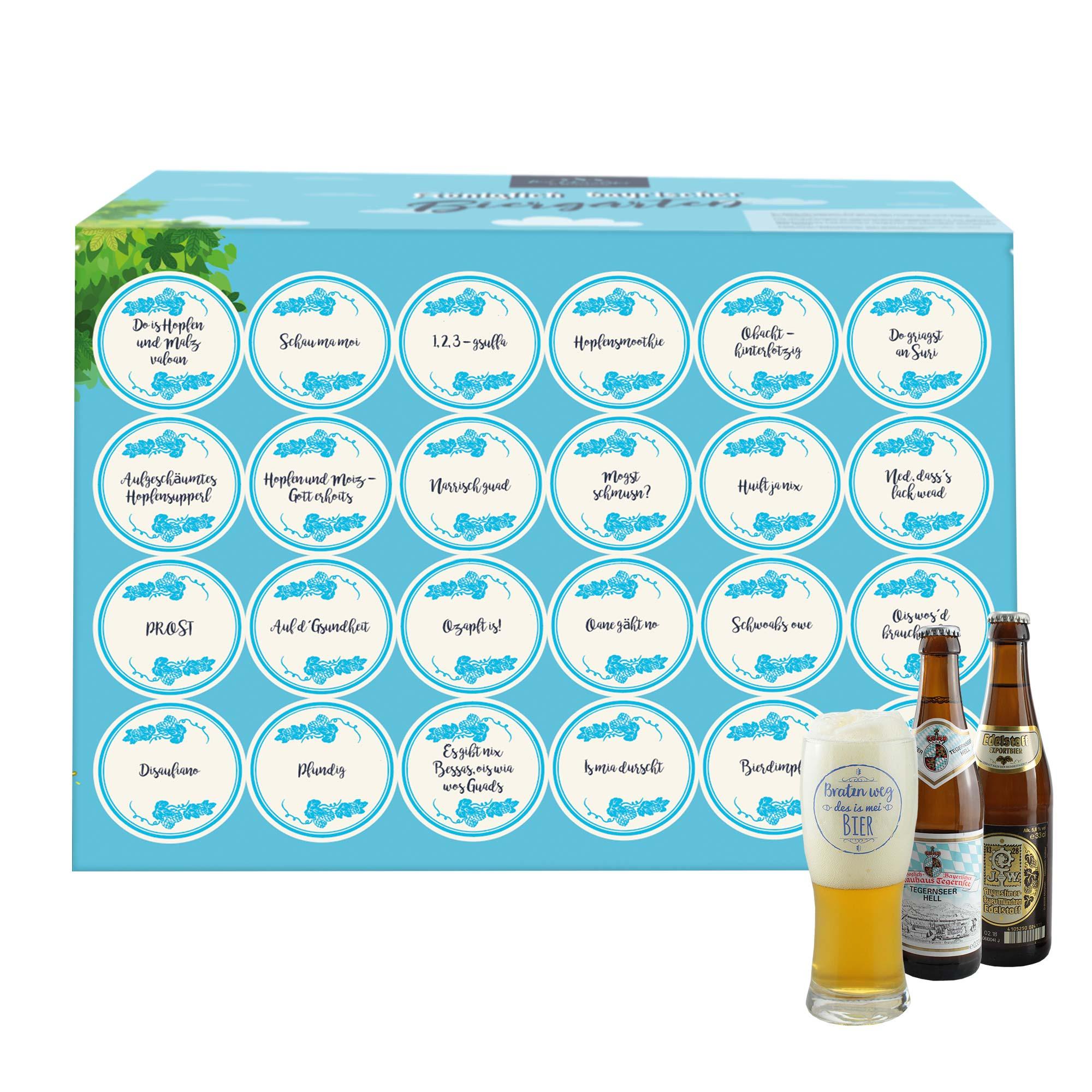 Bier-Box Bayerischer Biergarten mit bayerischen Sprüchen, Bierglas und zwei vollen Bierflaschen.