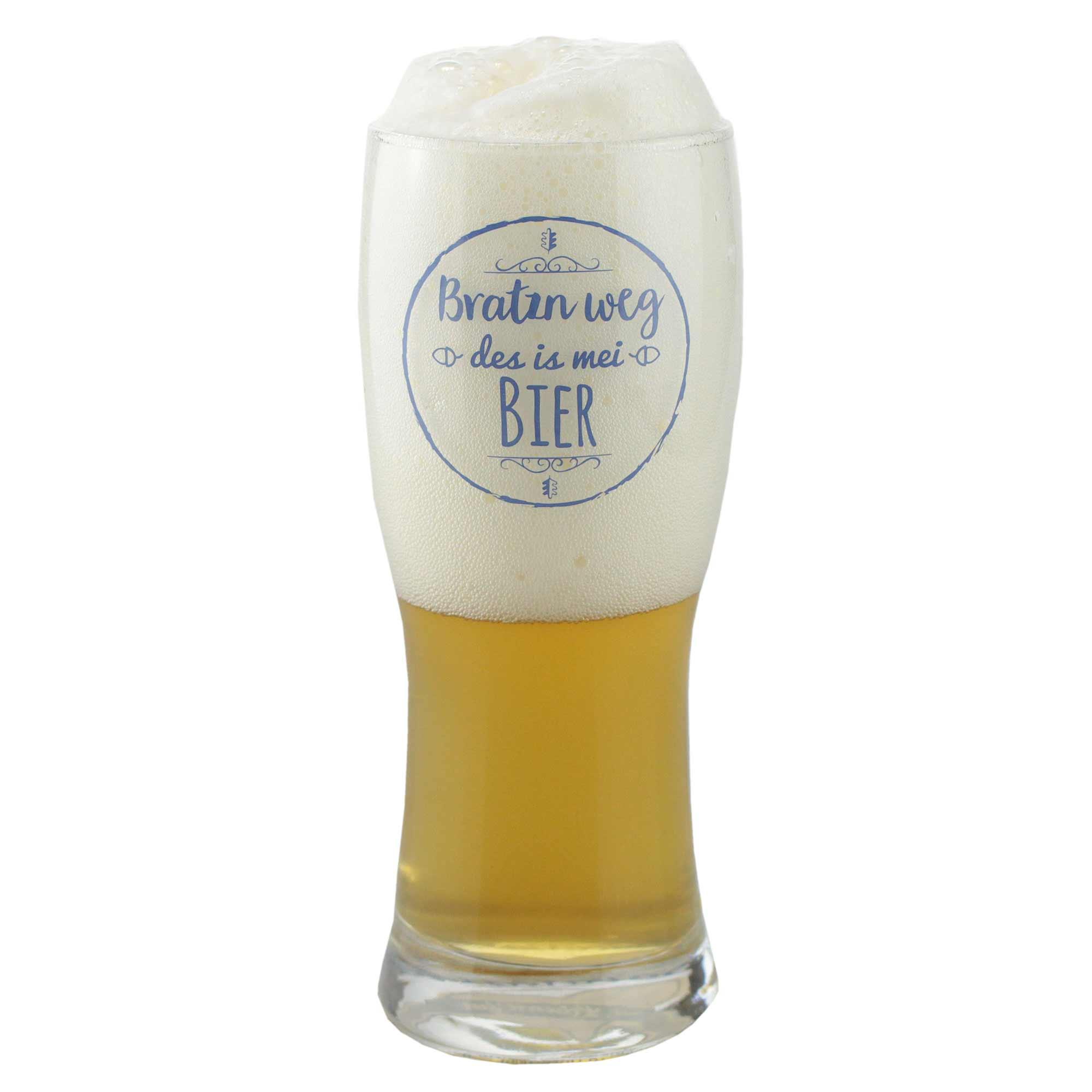 Bier-Box Schmankerl: voller Weizenbierkrug mit weißem Schaum und blauem Aufdruck des is mei Bier