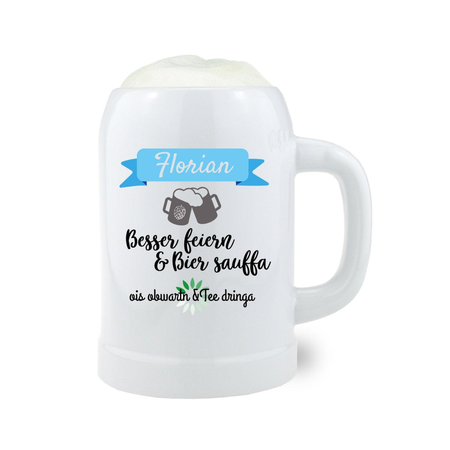Weißer Porzellan-Bierkrug Feiern mit Wunschname Florian und lustigem Spruch Bier saufen.