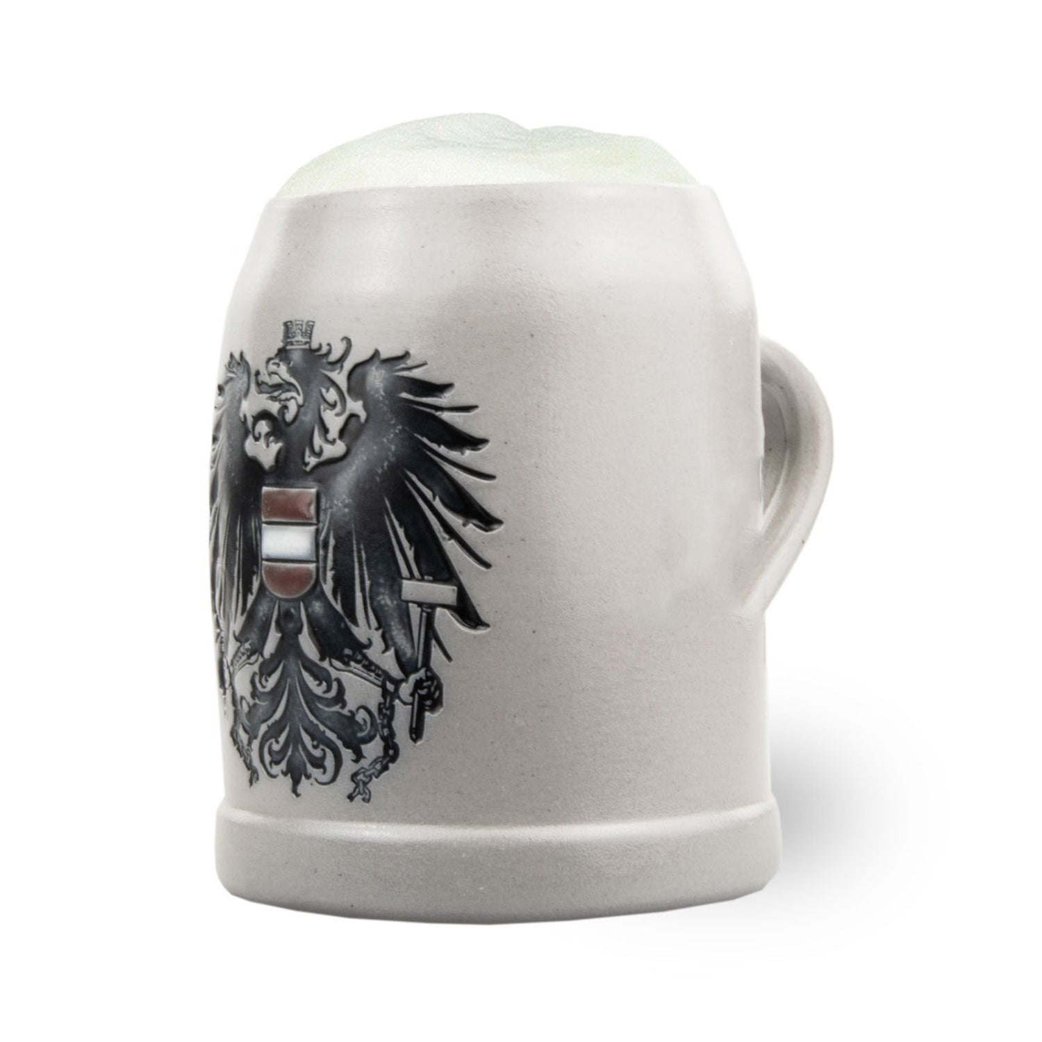 PREMIUM Bierkrug Austria mit reliefartigem österreichischem Wappen und Schaumkrone, Details aus Keramik.