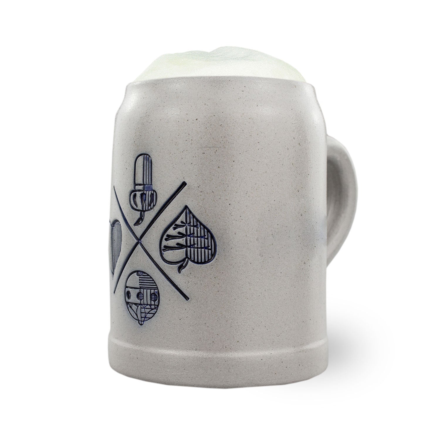 PREMIUM Bierkrug Schafkopfen aus Steingut mit blauem Karten-Motiv und Schaumkrone.