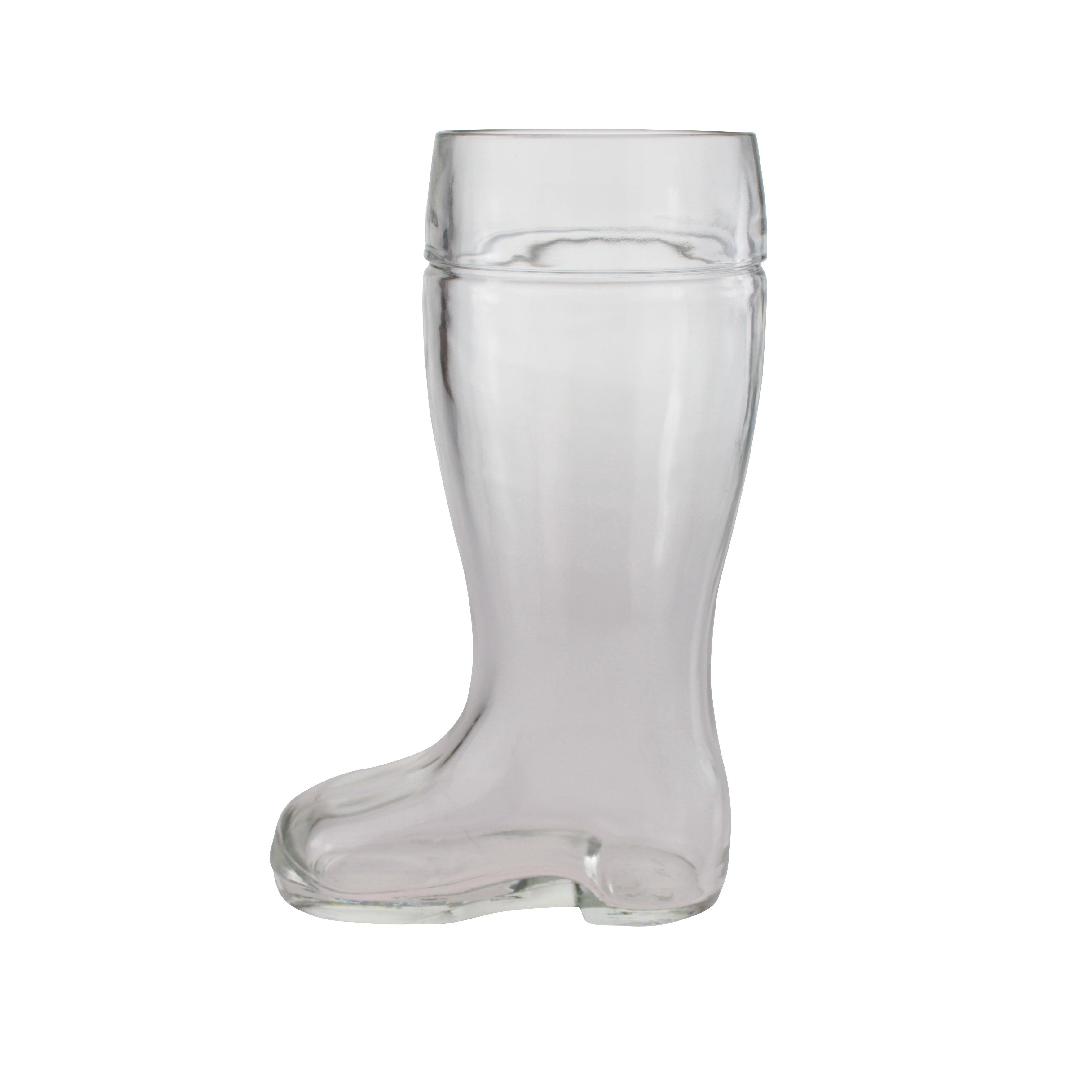 Klarer Glasstiefel Bierkrug im Maßkrug-Stil, ideal für Partys und bayerische Feste.