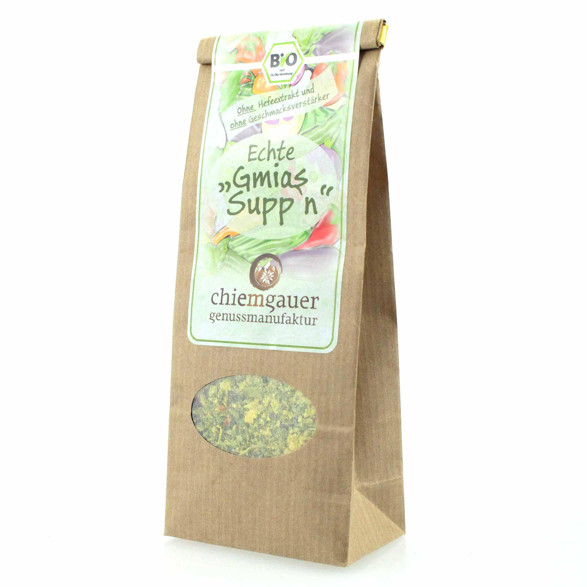 Braune Papiertüte mit Bio Gemüsebrühe ohne Hefeextrakt und Geschmacksverstärker, Chiemgauer Genussmanufaktur.