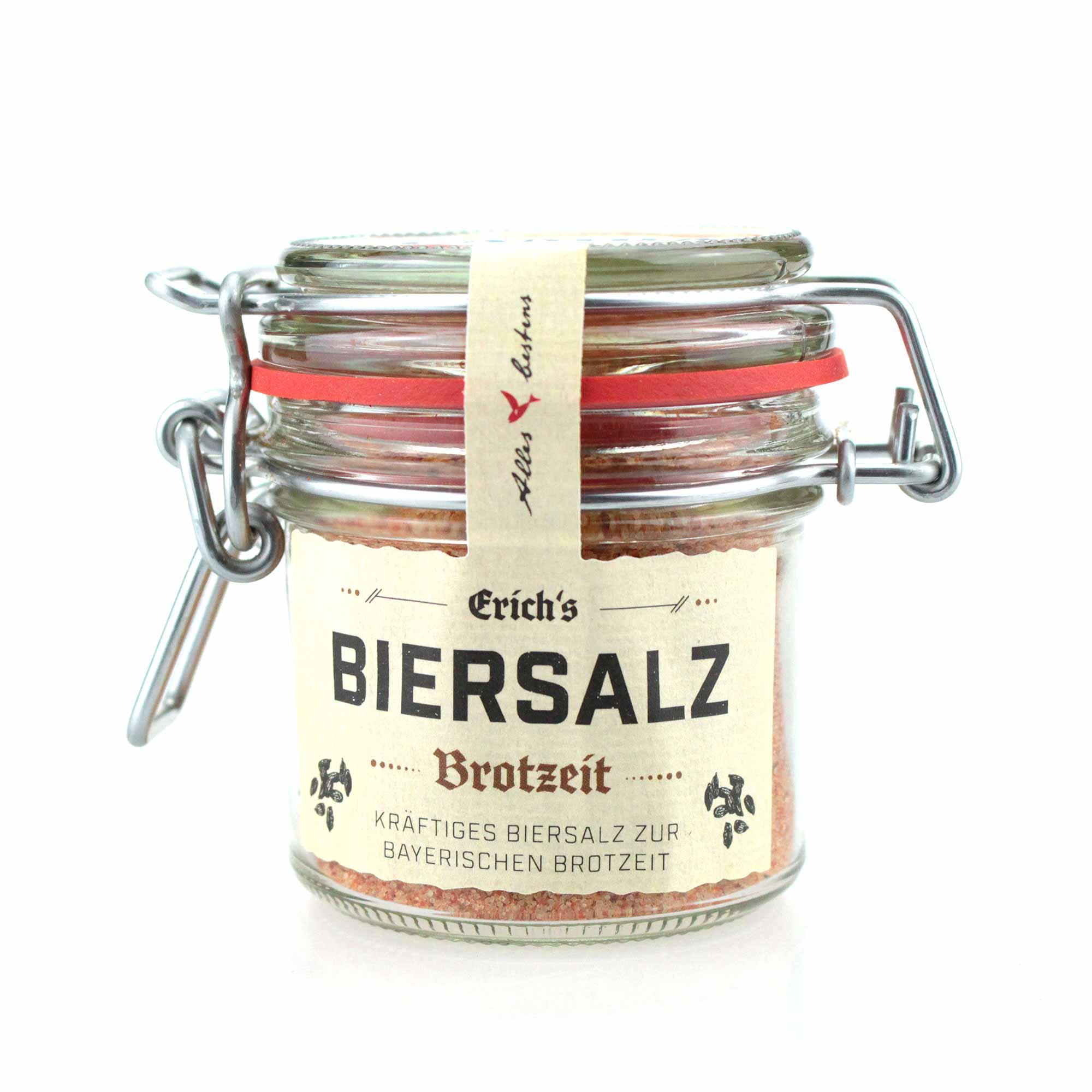 Biersalz Erichs Brotbrotzeit in einem Glas mit Bügelverschluss, ideal für bayerische Brotzeiten.