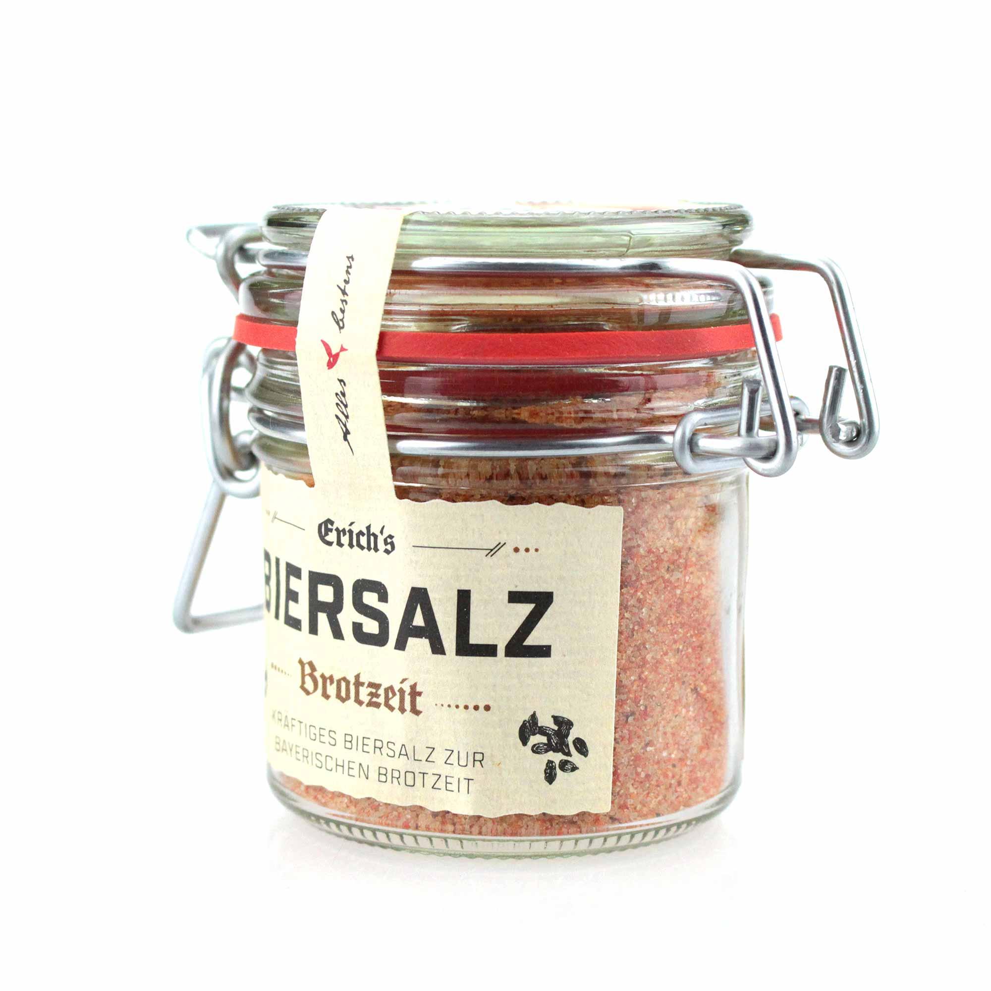 Erich's Brotzeitsalz im Glas mit Bügelverschluss, optimal für bayerische Brotzeiten und Snacks.