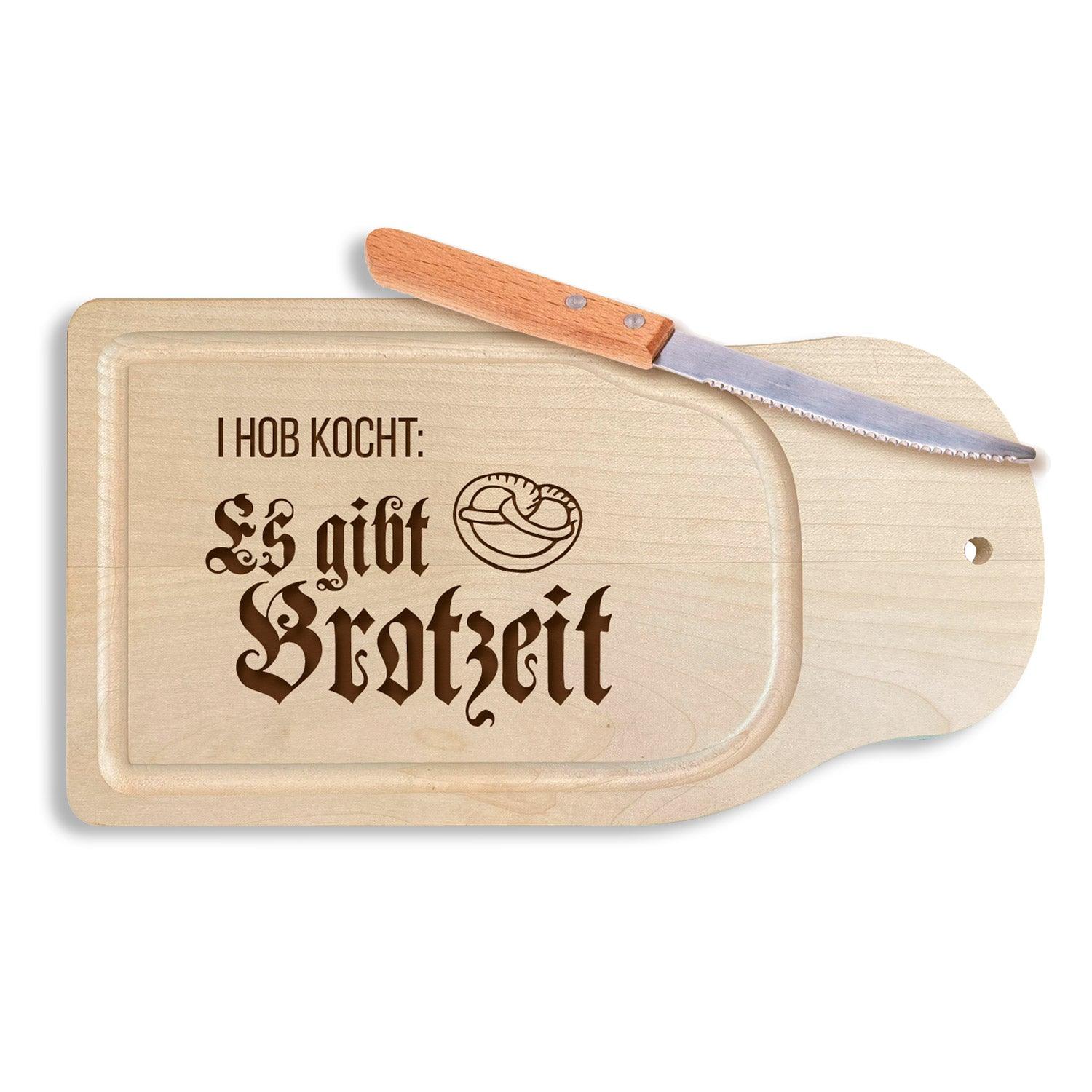 Brotzeitbrettl I hob kocht: Es gibt Brotzeit aus Holz mit Gravur und kleinem Brotmesser.