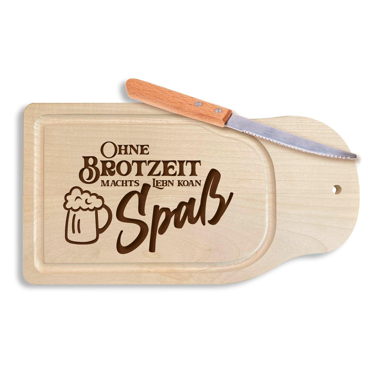 Brotzeitbrettl Ohne Brotzeit machts Lebn koan Spaß aus Holz, mit graviertem Schriftzug und Brotmesser