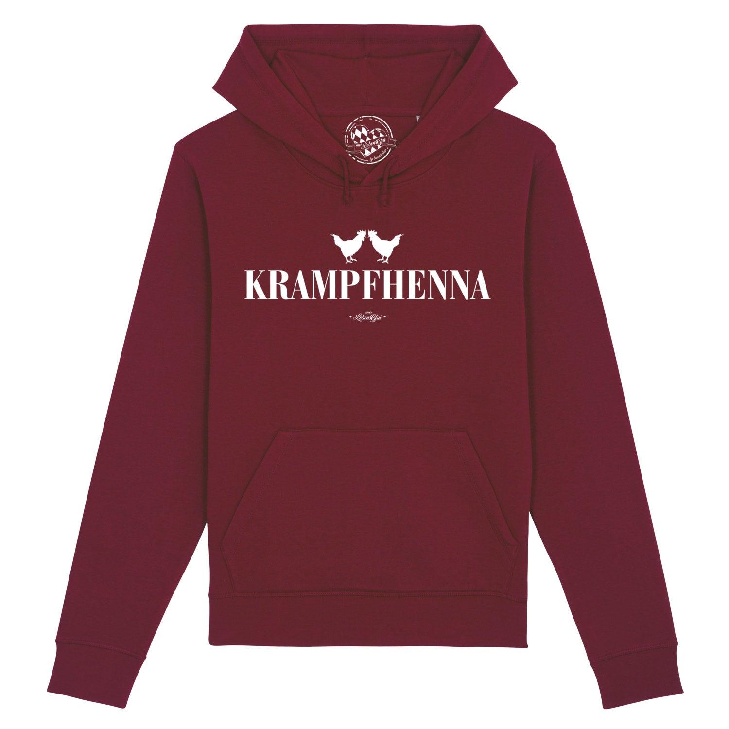 Bordeauxroter Damen Hoodie Krampfhenna mit weißem Hühner-Print und Schriftzug, Kapuze und Bauchtasche.