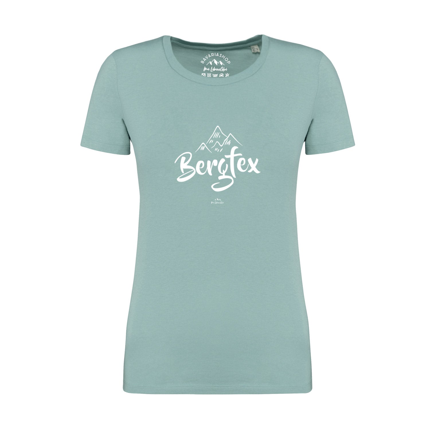 Hellblaues eng anliegendes Damen T-Shirt "Bergfex" mit weißem Alpen- und Schriftzug Motiv