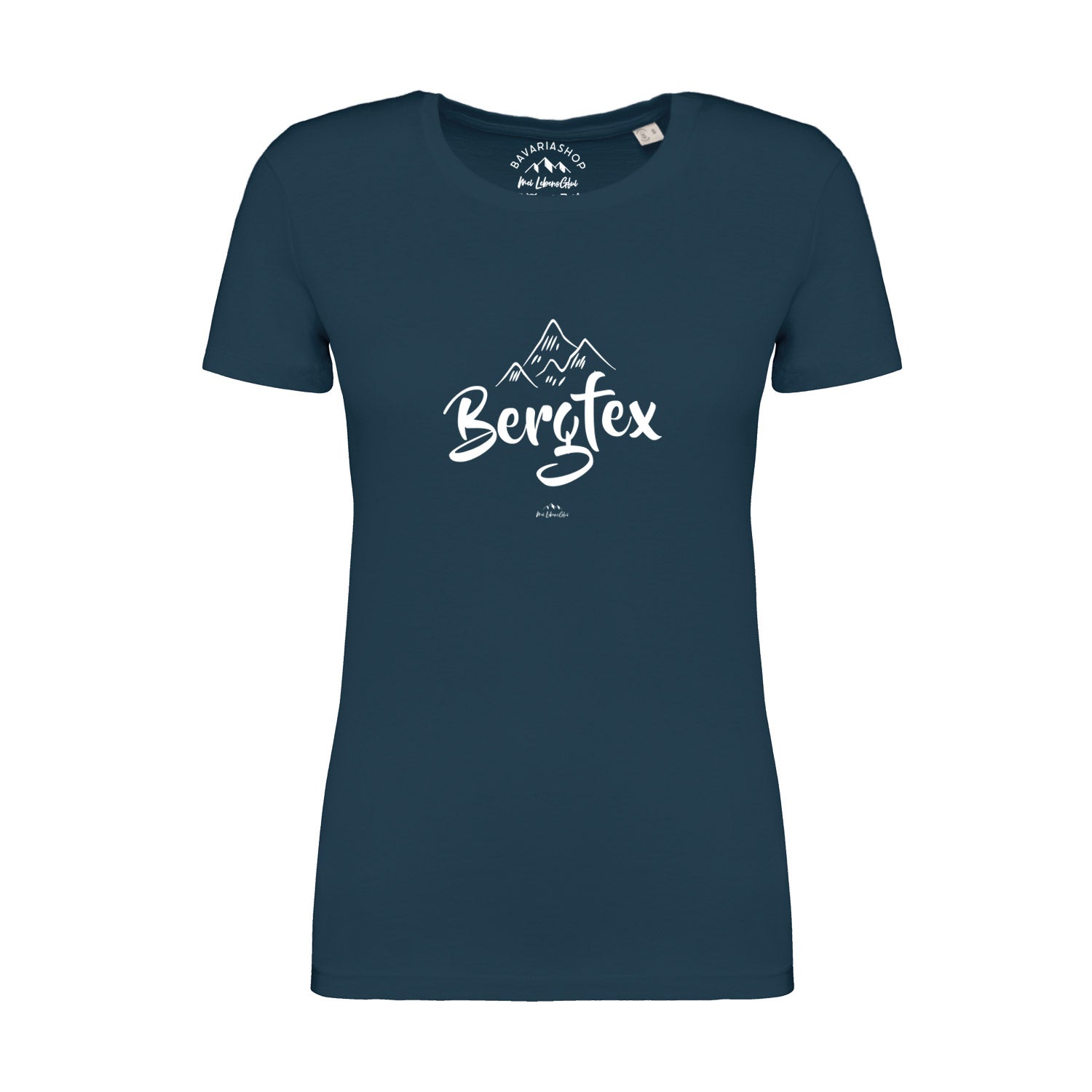 Damen T-Shirt Bergfex in dunkelblau mit weißem Bergmotiv und Schriftzug vorne, klassischer Rundhalsausschnitt