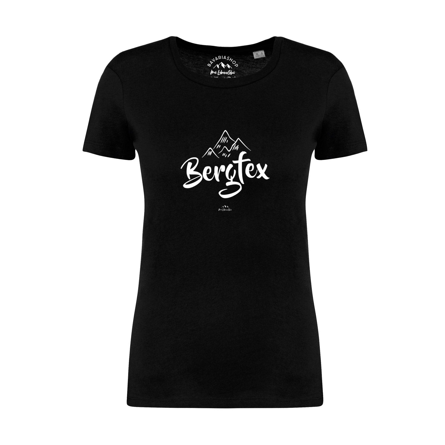Schwarzes Damen T-Shirt Bergfex mit weißem Berg-Motiv und Schriftzug, aus Baumwolle für Wanderungen