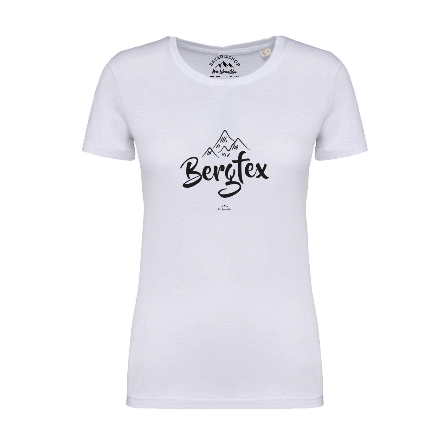 Weißes Damen T-Shirt Bergfex mit schwarzem Bergschriftzug.