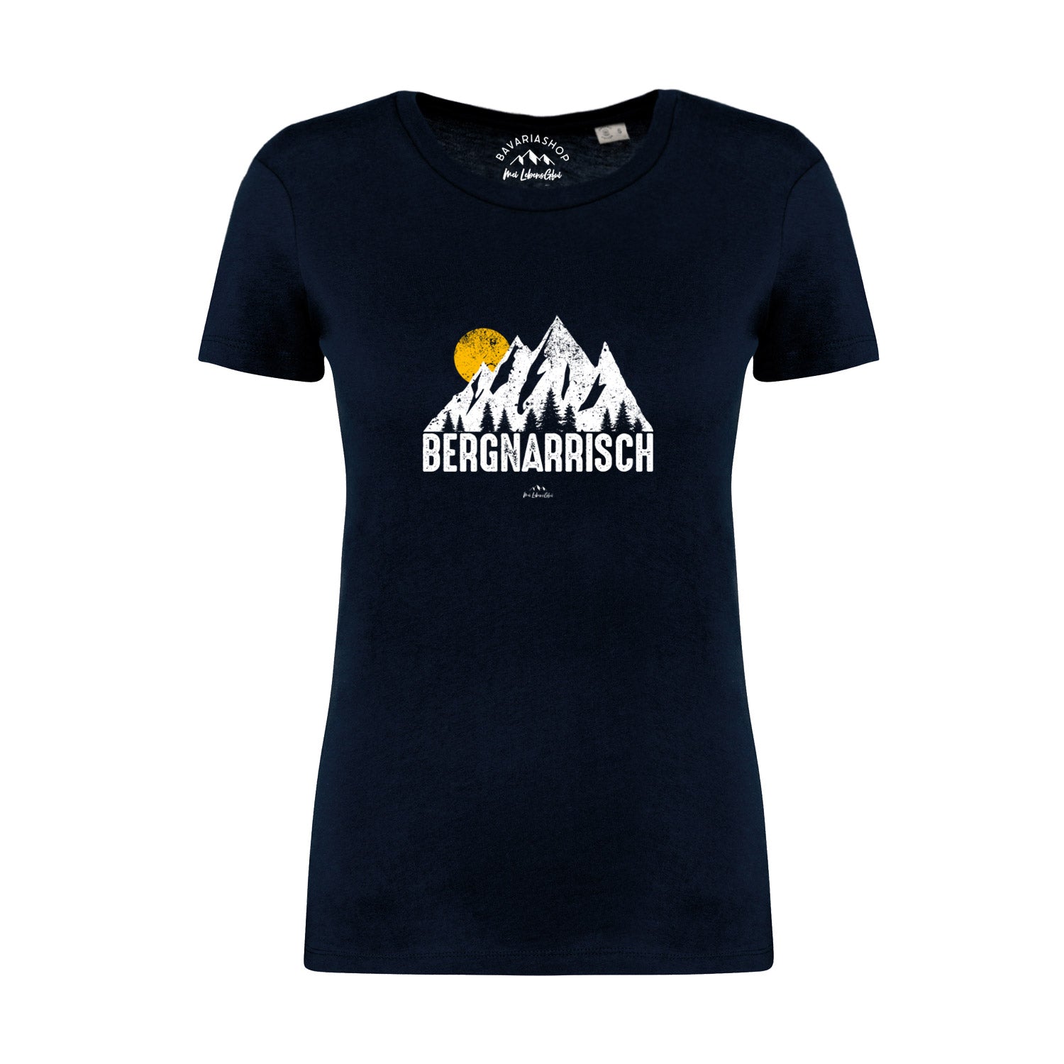 Dunkelblaues Damen T-Shirt Bergnarrisch mit weißem Bergmotiv und gelber Sonne, perfekt für Wanderfans