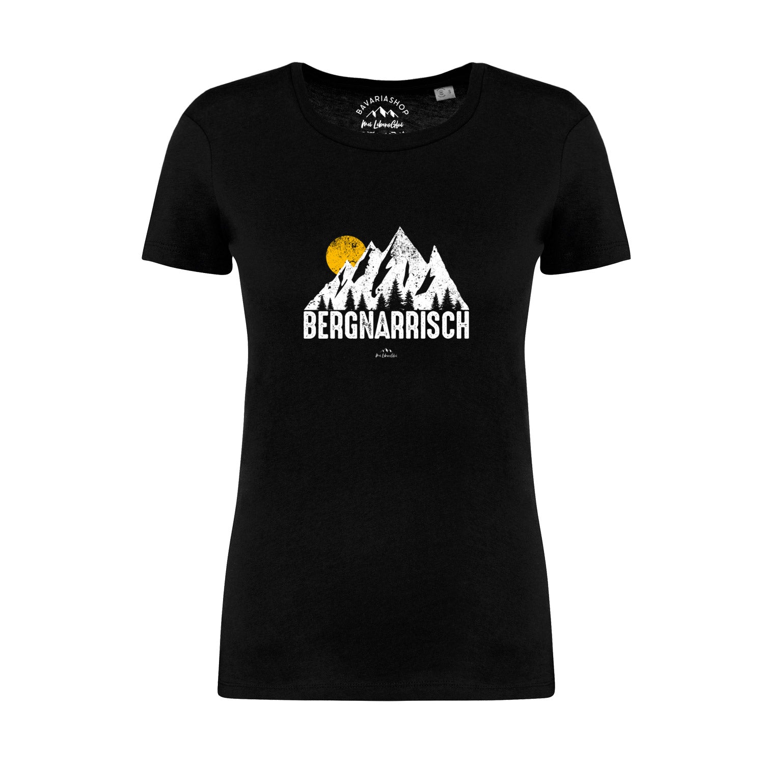Schwarzes Damen T-Shirt Bergnarrisch mit weißem Bergmotiv, gelber Sonne und Rundhalsausschnitt