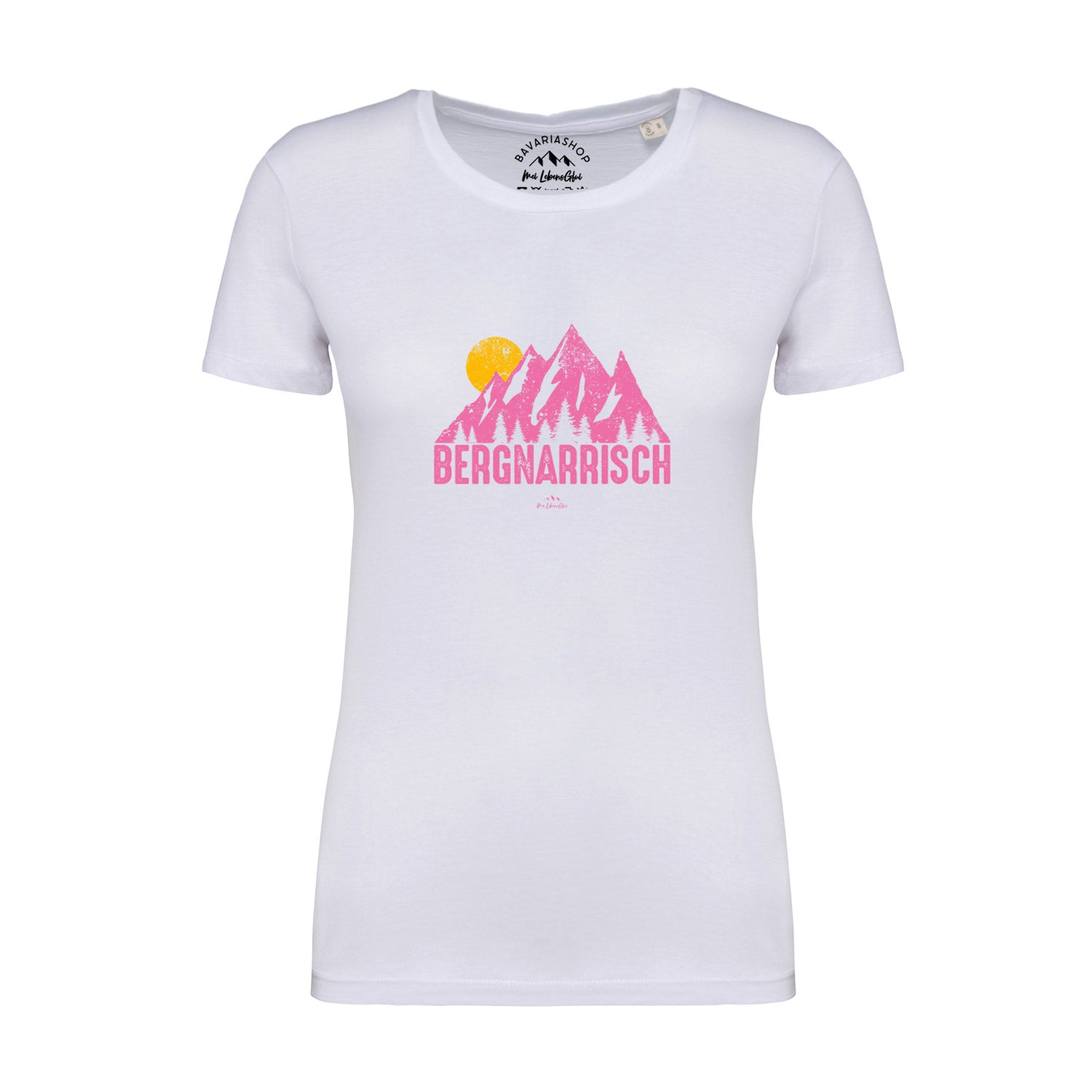 Damen T-Shirt Bergnarrisch weiß mit rosa Bergmotiv, gelbem Kreis und Bärenpfoten-Schriftzug