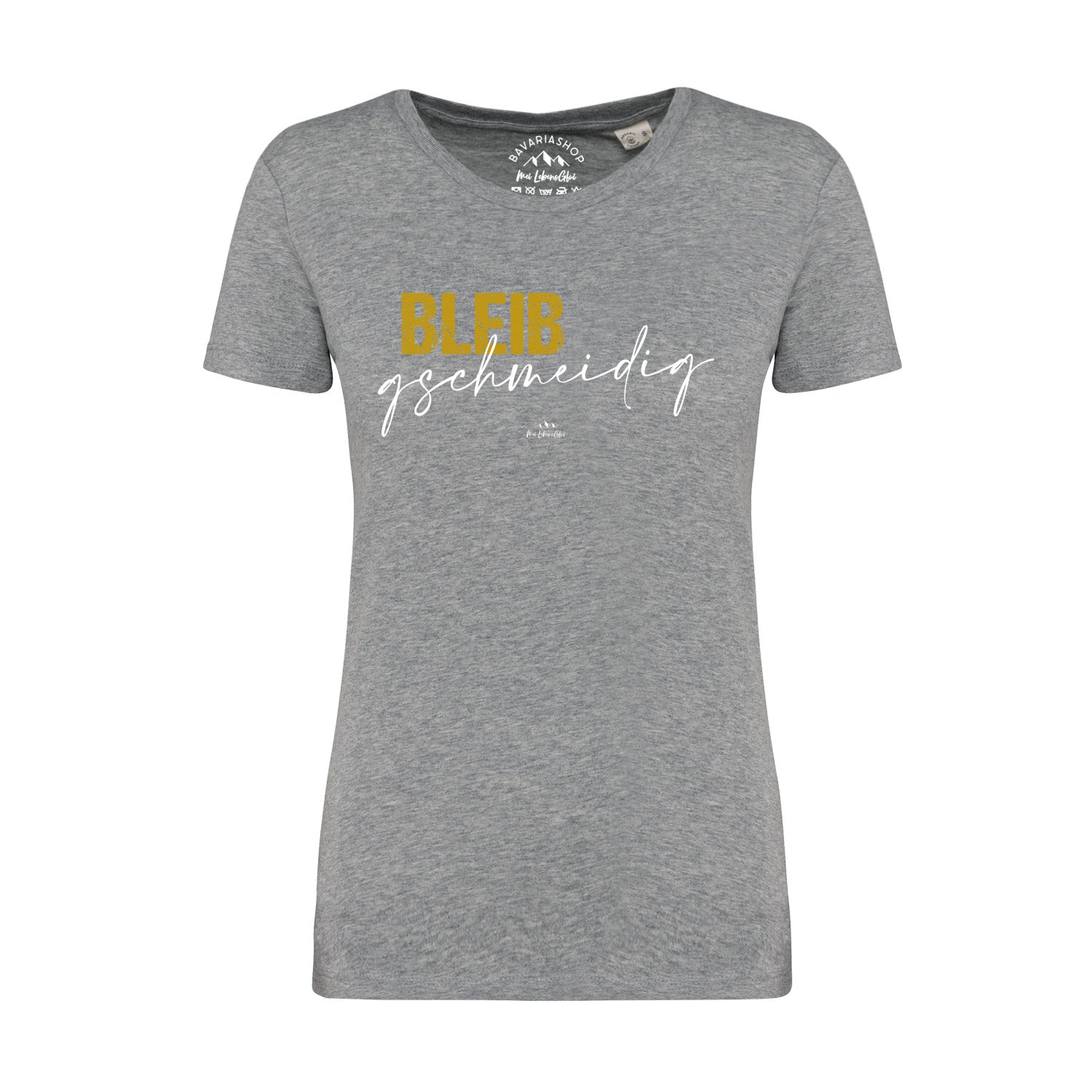 Graues Damen T-Shirt "Bleib gschmeidig" mit gelbem und weißem Schriftzug, kurzärmelig, V-Ausschnitt, aus Baumwolle.