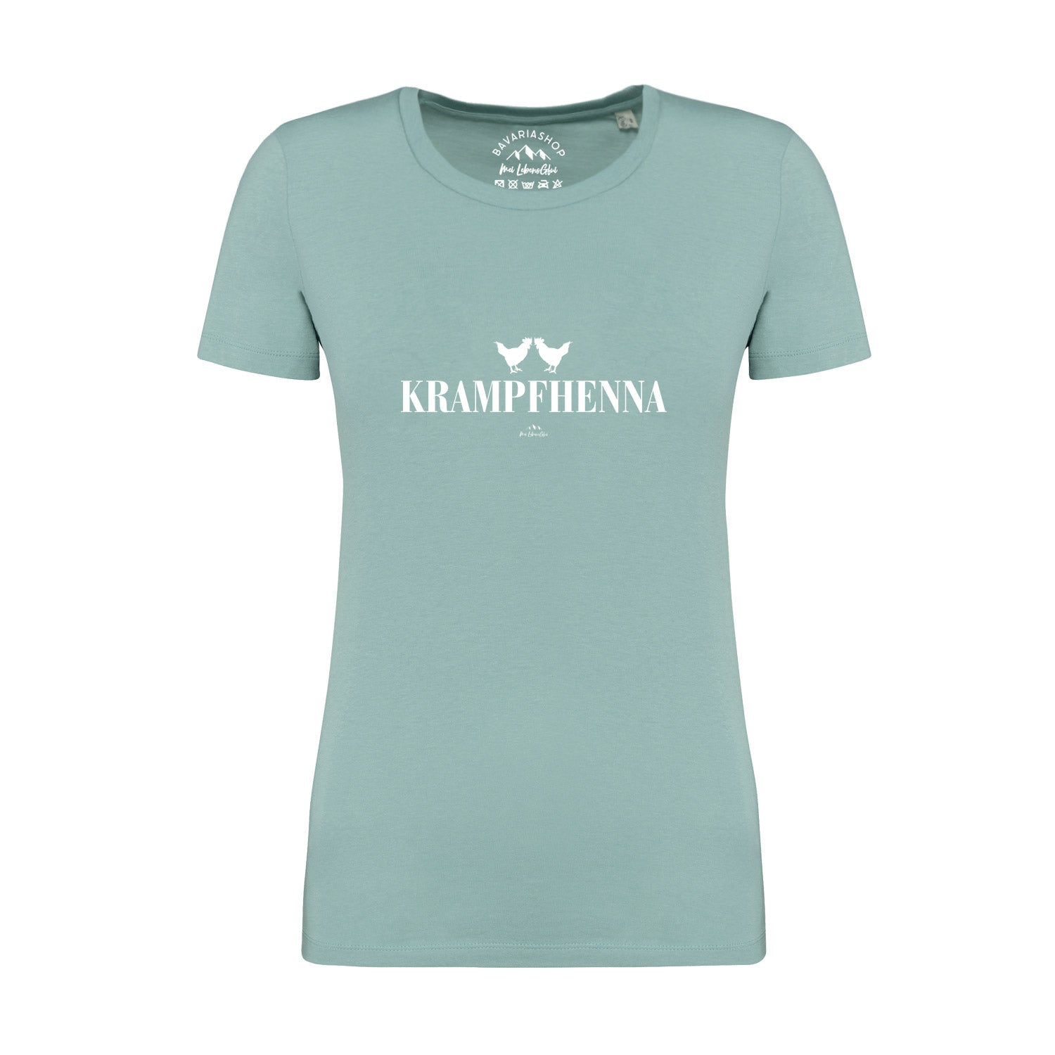Damen T-Shirt Krampfhenna in Hellblau mit weißem Hühner-Print auf der Vorderseite