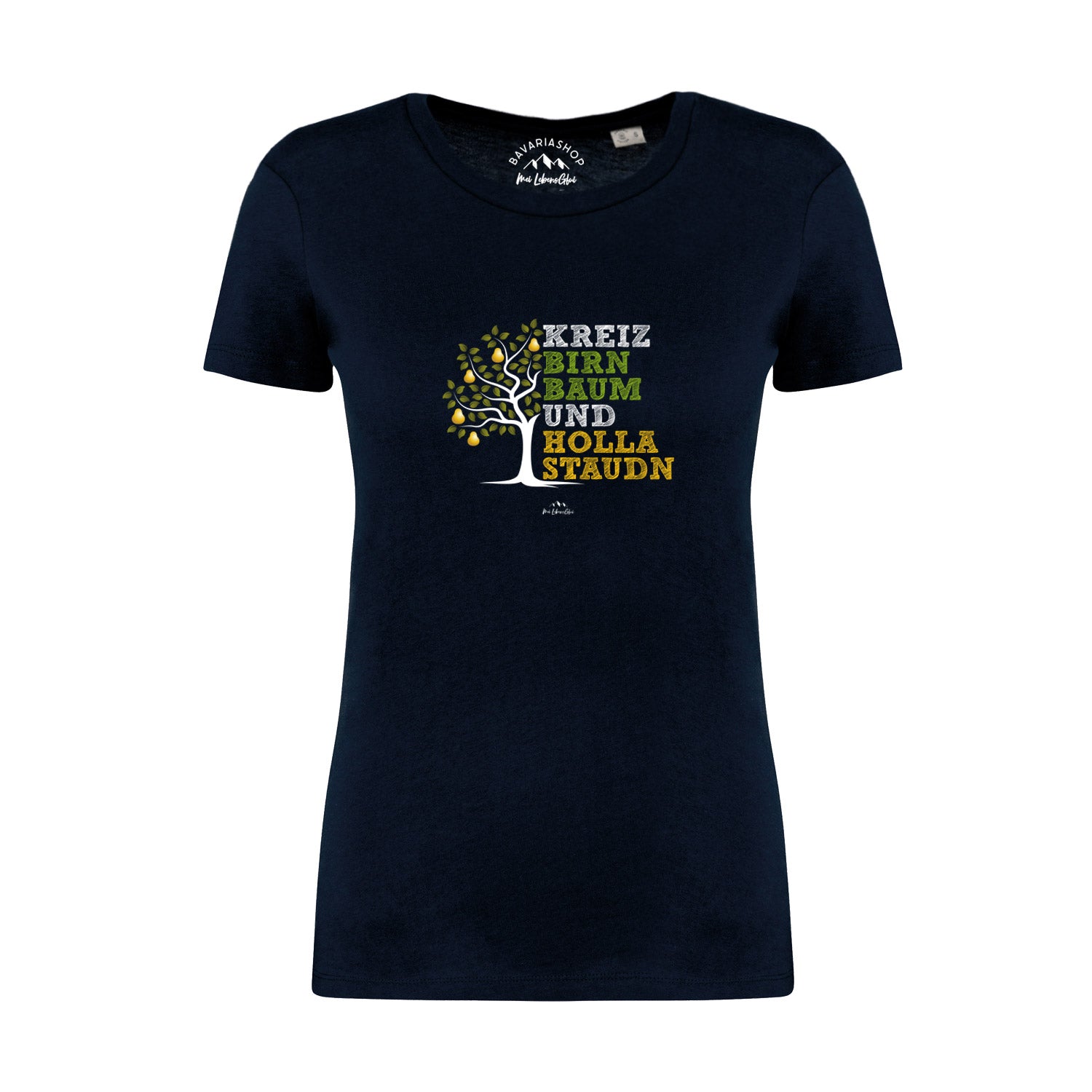 Dunkelblaues Damen T-Shirt Kreizbirnbaum mit hellem Birnbaum-Motiv und bayerischem Spruch auf der Brust.