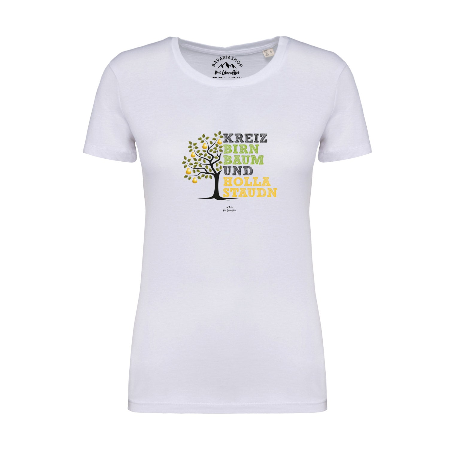 Weißes Damen T-Shirt Kreizbirnbaum mit Birnbaum-Motiv und Holla Staudn Spruch für Damen