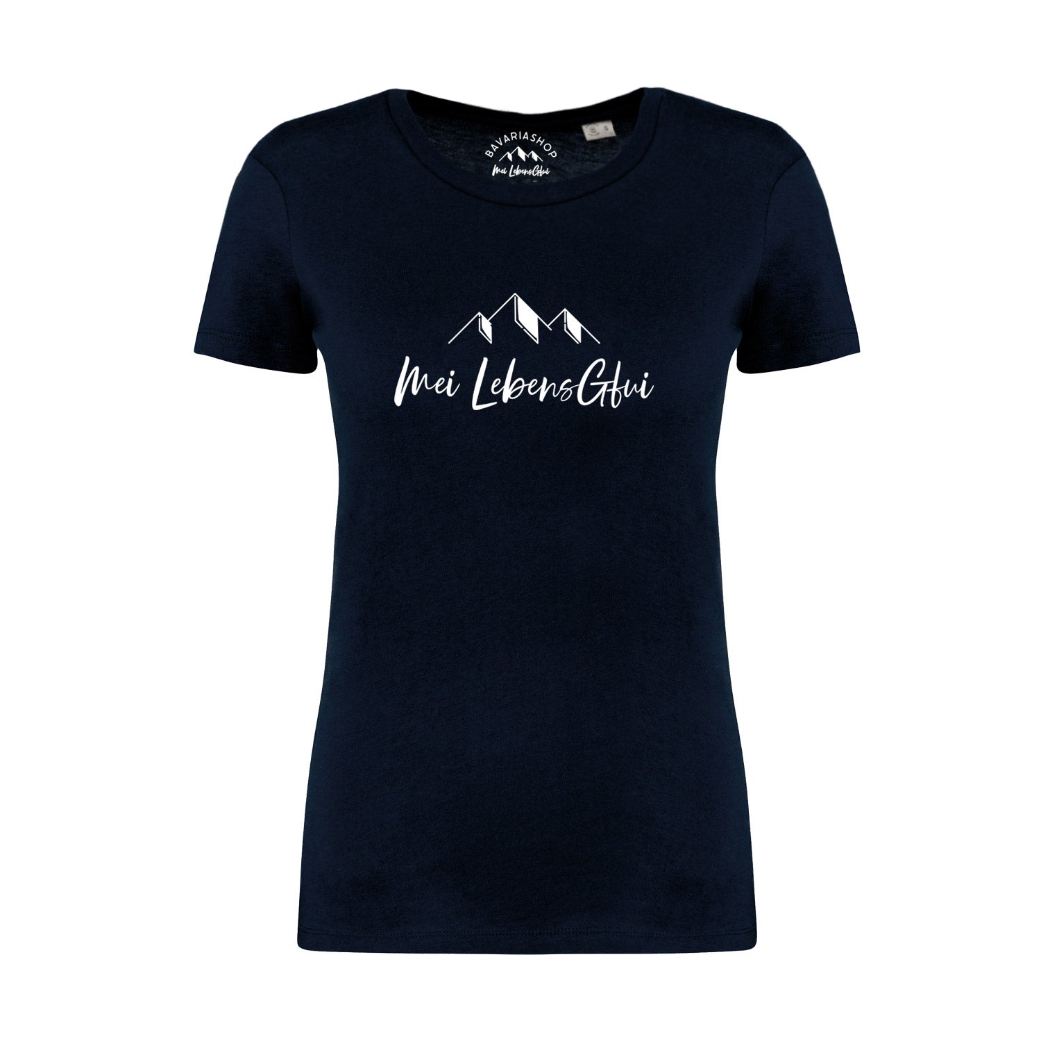 Damen T-Shirt "Mei LebensGfui" in Dunkelblau mit weißem Berge-Print und Schriftzug auf der Brust.