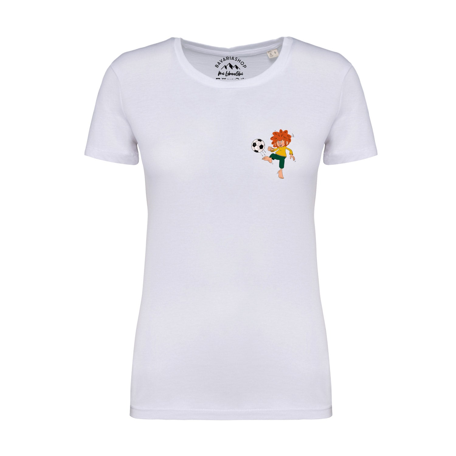 Weißes Pumuckl Damen T-Shirt "Fußball Kobold" mit kleinem, farbigem Pumuckl-Motiv, das einen Fußball tritt