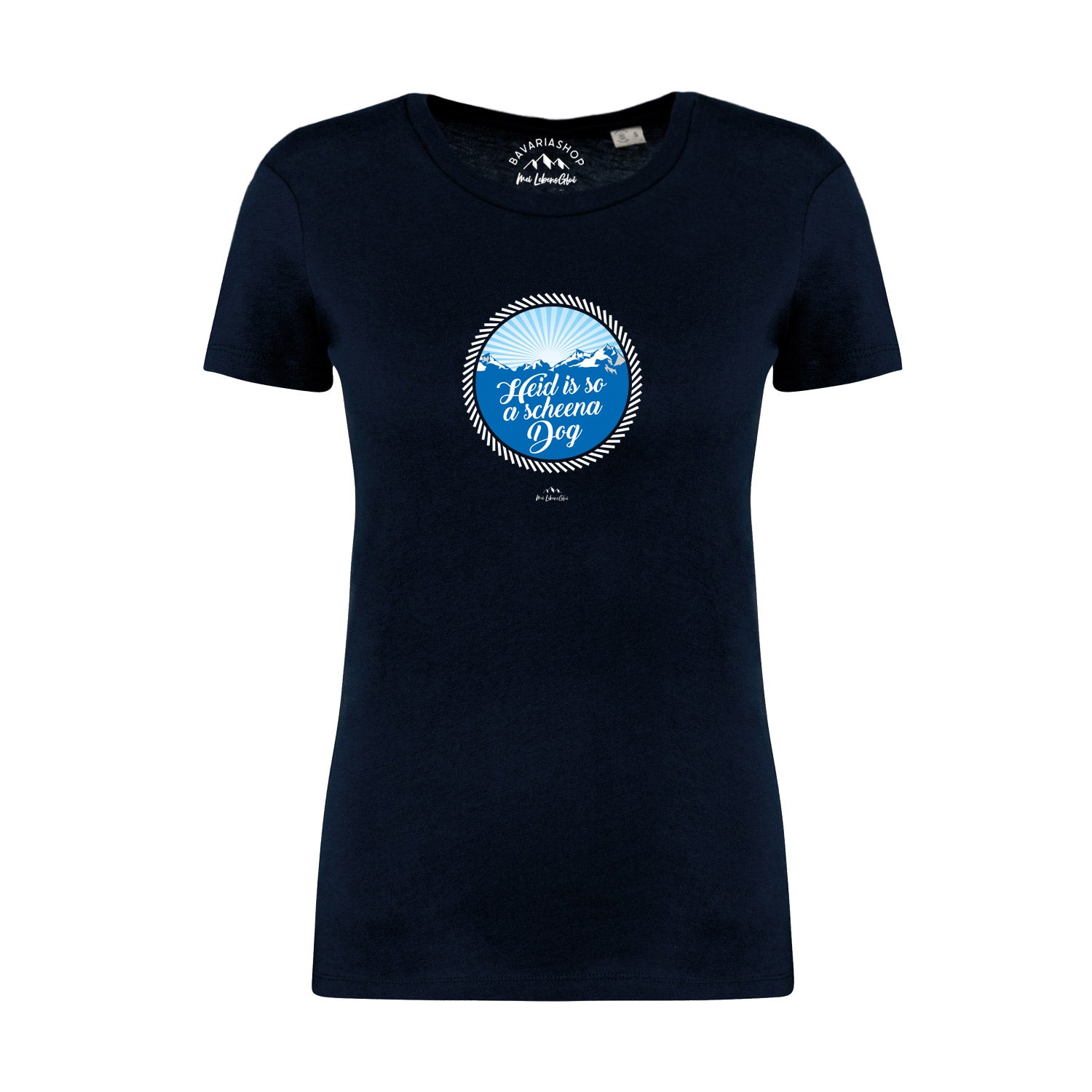 Dunkelblaues Damen T-Shirt So a scheena Dog mit Bergmotiv und strahlender Sonne auf weißem Hintergrund.