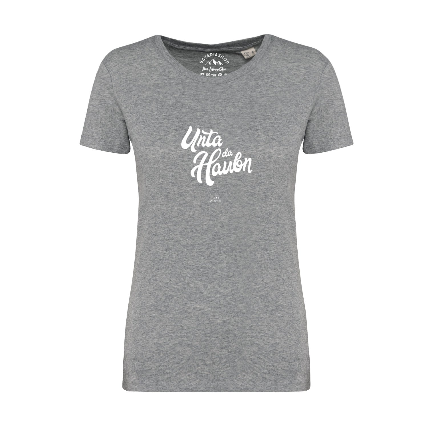 Graues Damen T-Shirt Unta da Haubn mit weißem, bayerischem Spruch auf der Brust, weicher Baumwollstoff.