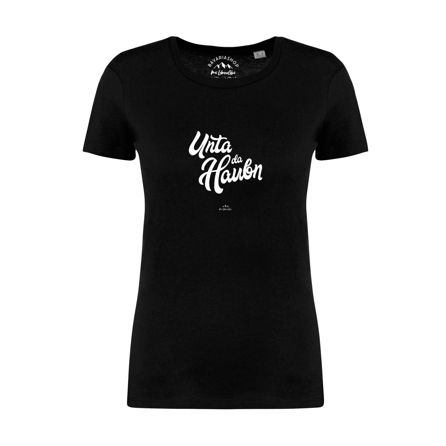 Figurbetontes schwarzes Damen T-Shirt "Unta da Haubn" mit weißem Schriftzug und Rundhalsausschnitt.