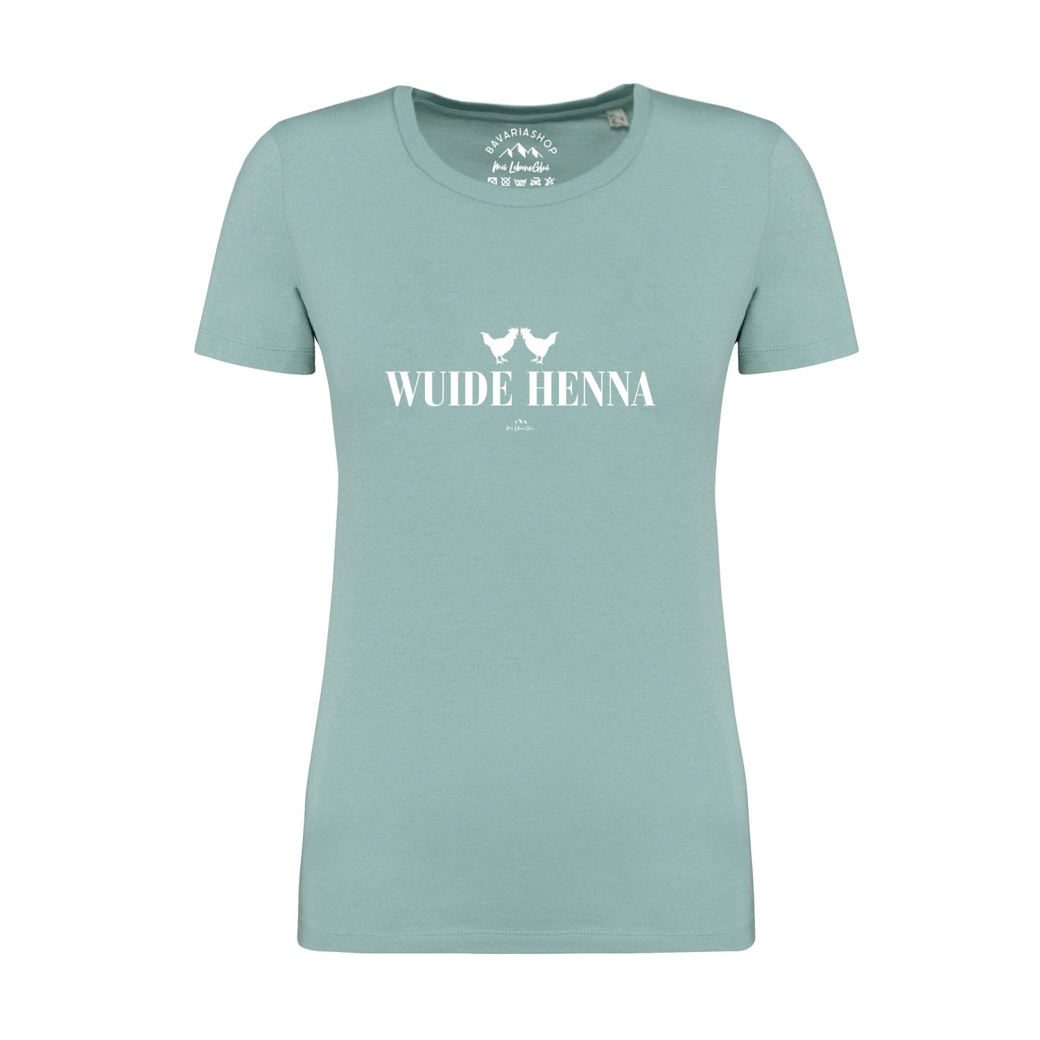 Damen T-Shirt Wuide Henna in hellem Türkis mit weißem Schriftzug und Hühner-Motiv als Druck.