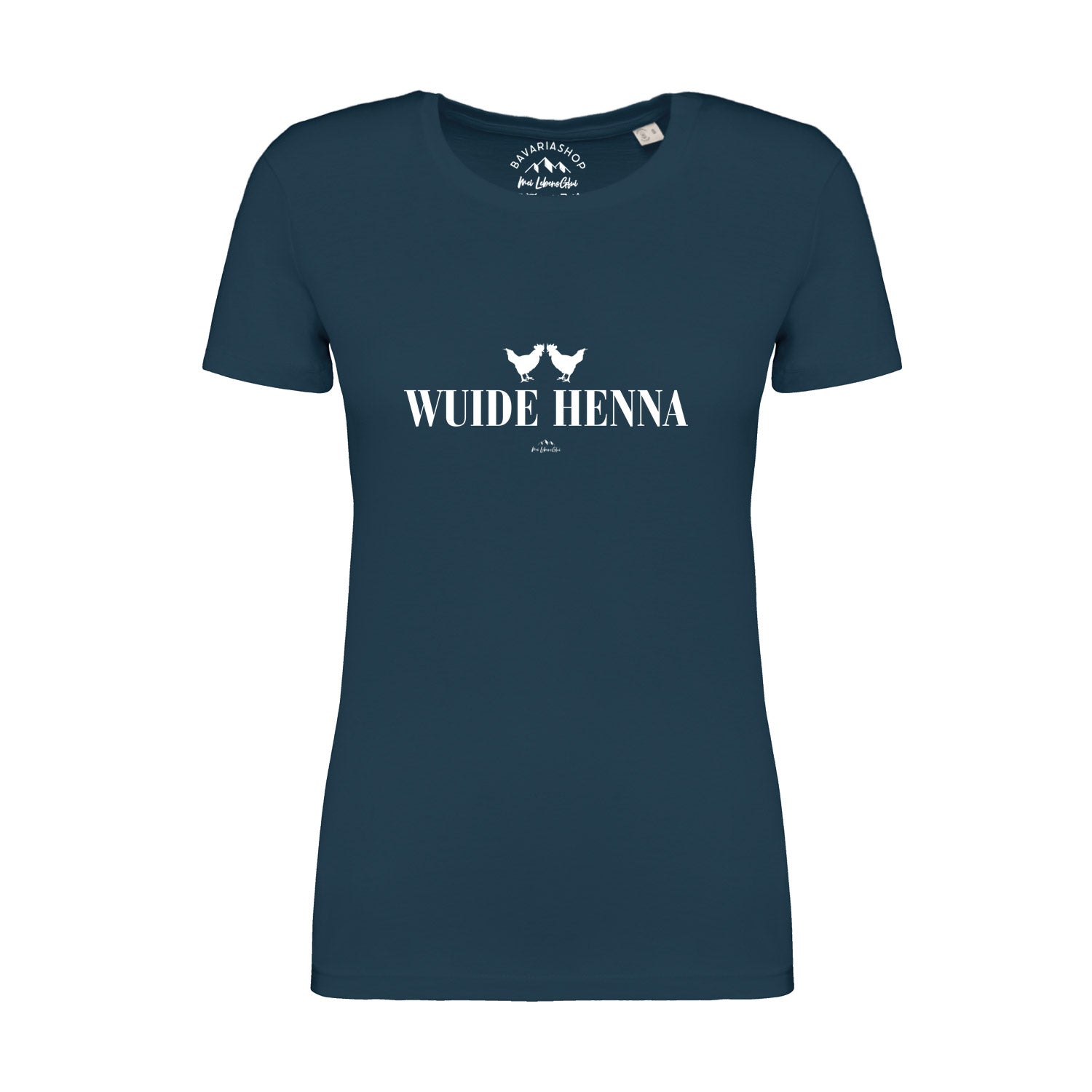 Dunkelblaues Damen T-Shirt "Wuide Henna" mit weißem Schriftzug und zwei Hühner-Silhouetten.