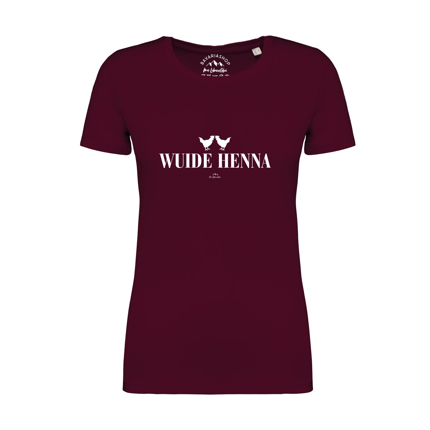 Damen T-Shirt Wuide Henna in dunklem Weinrot mit weißem Hühner-Print und Schriftzug auf der Vorderseite.