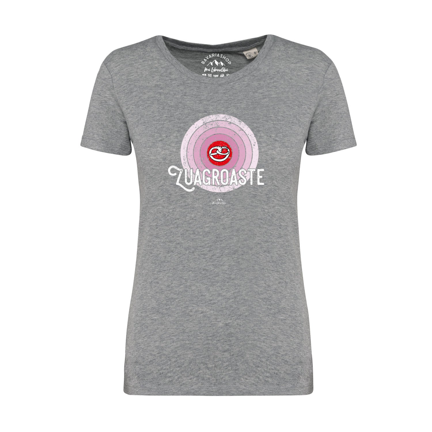 Graue Damen T-Shirt "Zuagroaste" mit rosafarbenem Schallplatten-Print und weißer Aufschrift im Vintage-Stil.