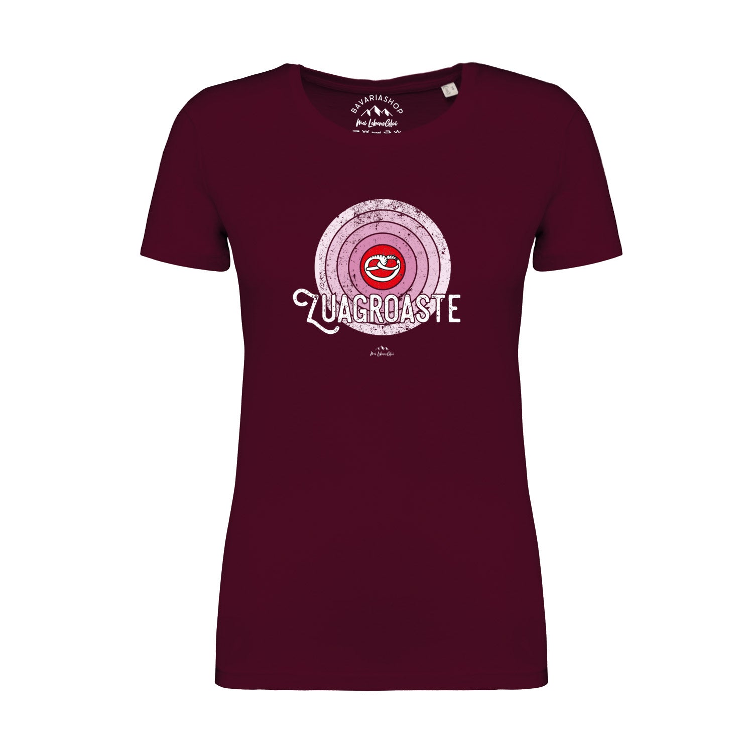 Damen T-Shirt Zuagroaste in Dunkelrot mit Rundhalsausschnitt und Retro Schallplattendruck-Motiv