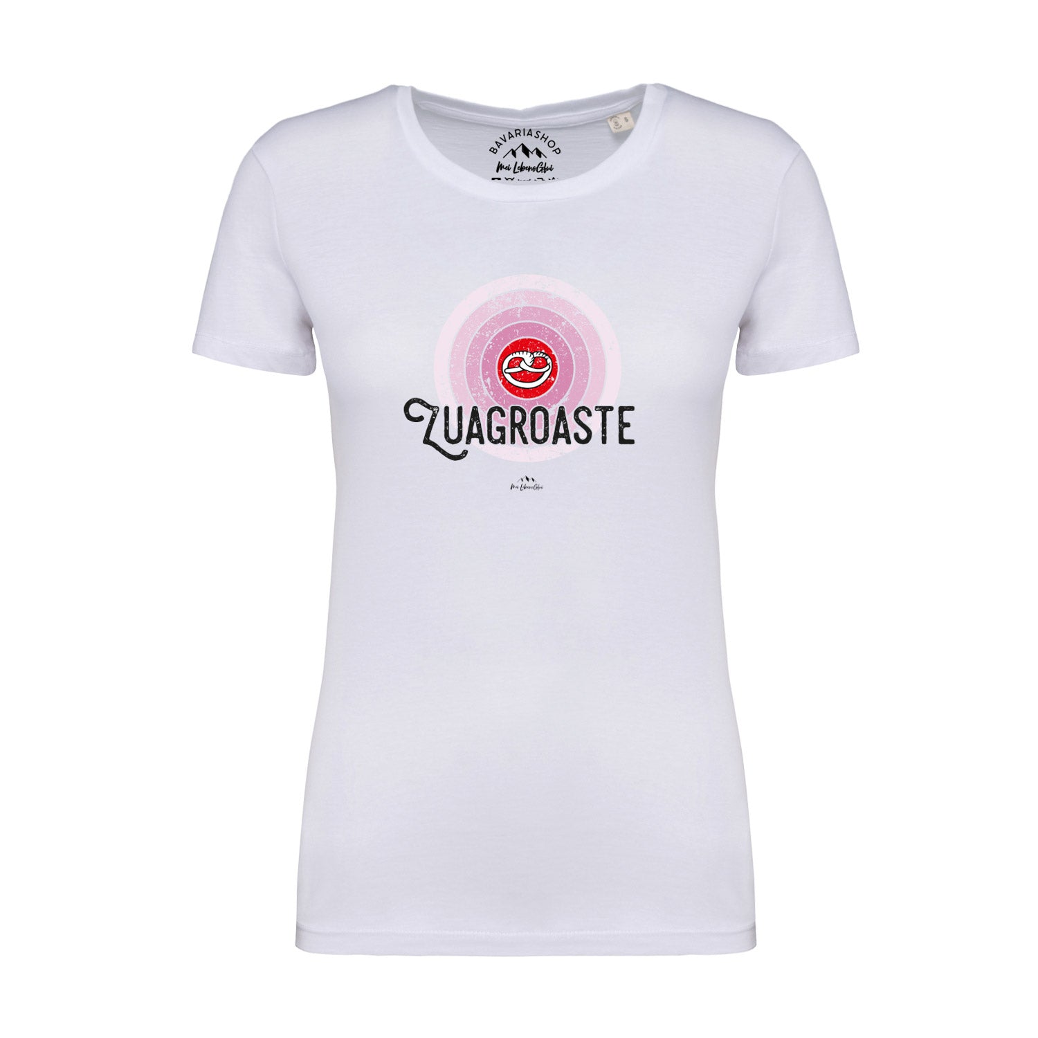 Weißes Damen T-Shirt "Zuagroaste" mit femininem Schnitt und Herzschlag-Design in Rosatönen, Baumwolle