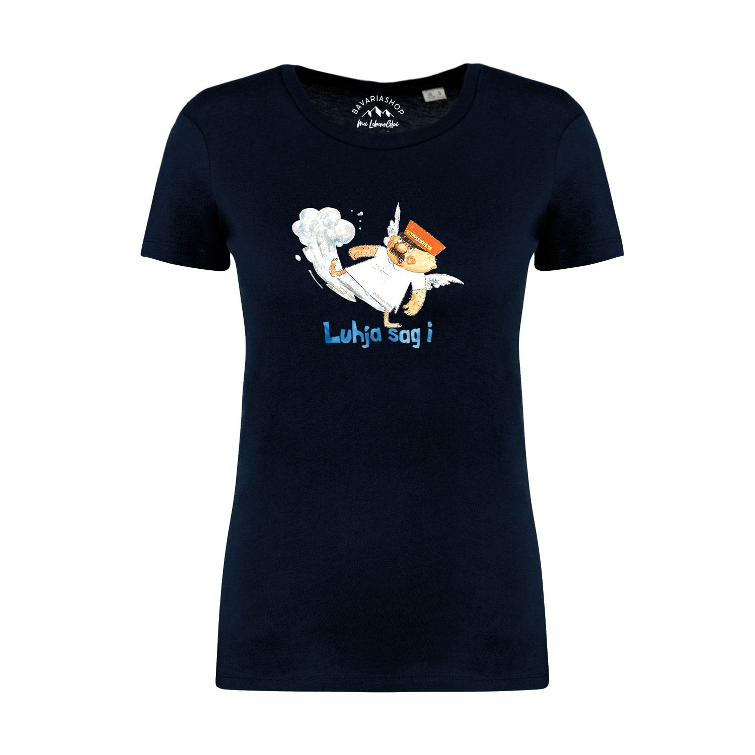 Dunkelblaues Damen T-Shirt "Engel Aloisius Luhja sag i" mit bayerischem Engel Motiv und Flügeln.