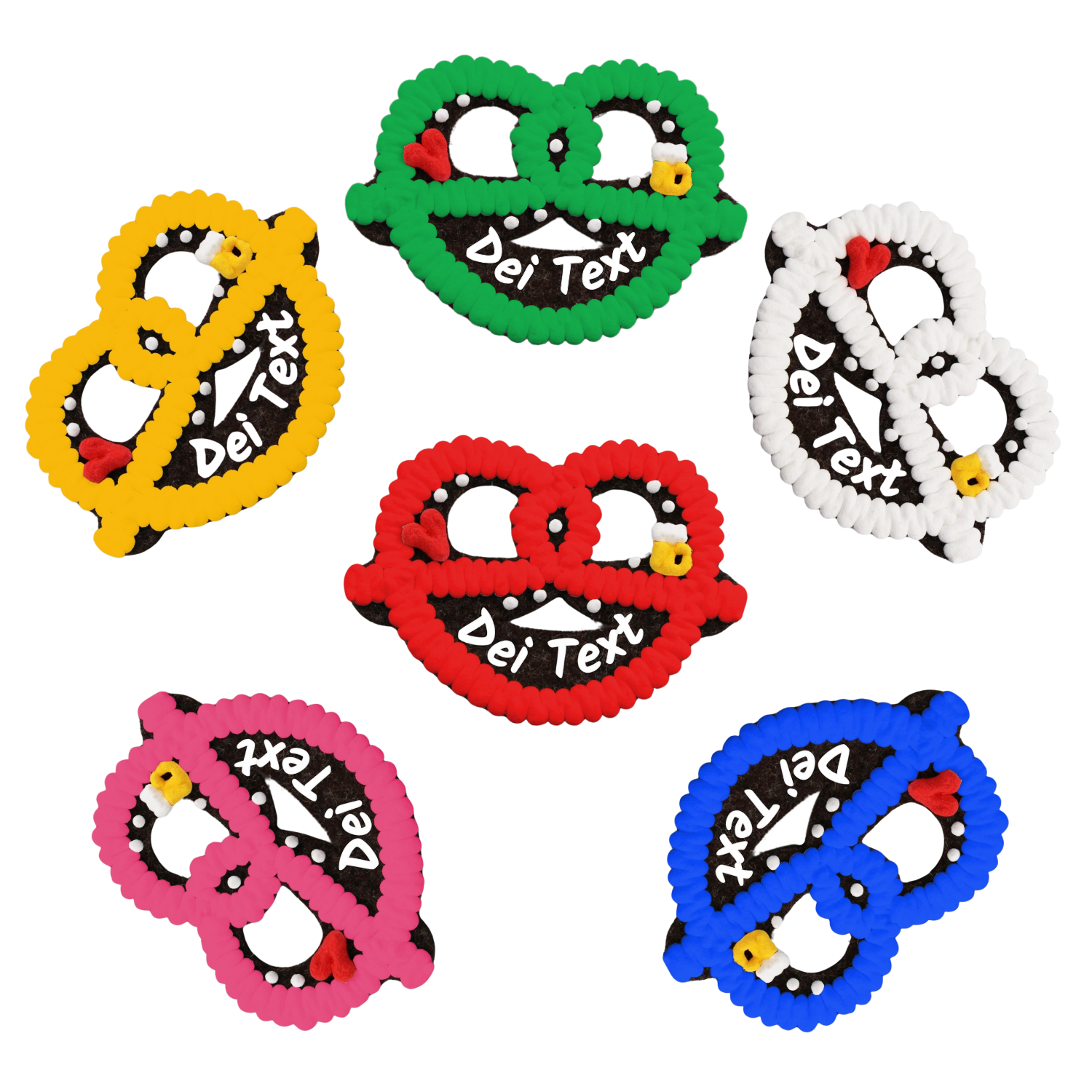 Bunte Filzherz-Brezen-Anstecker mit Wunschtext-Feld, Bierkrug- und Herz-Details, ideal für Trachtenoutfits.