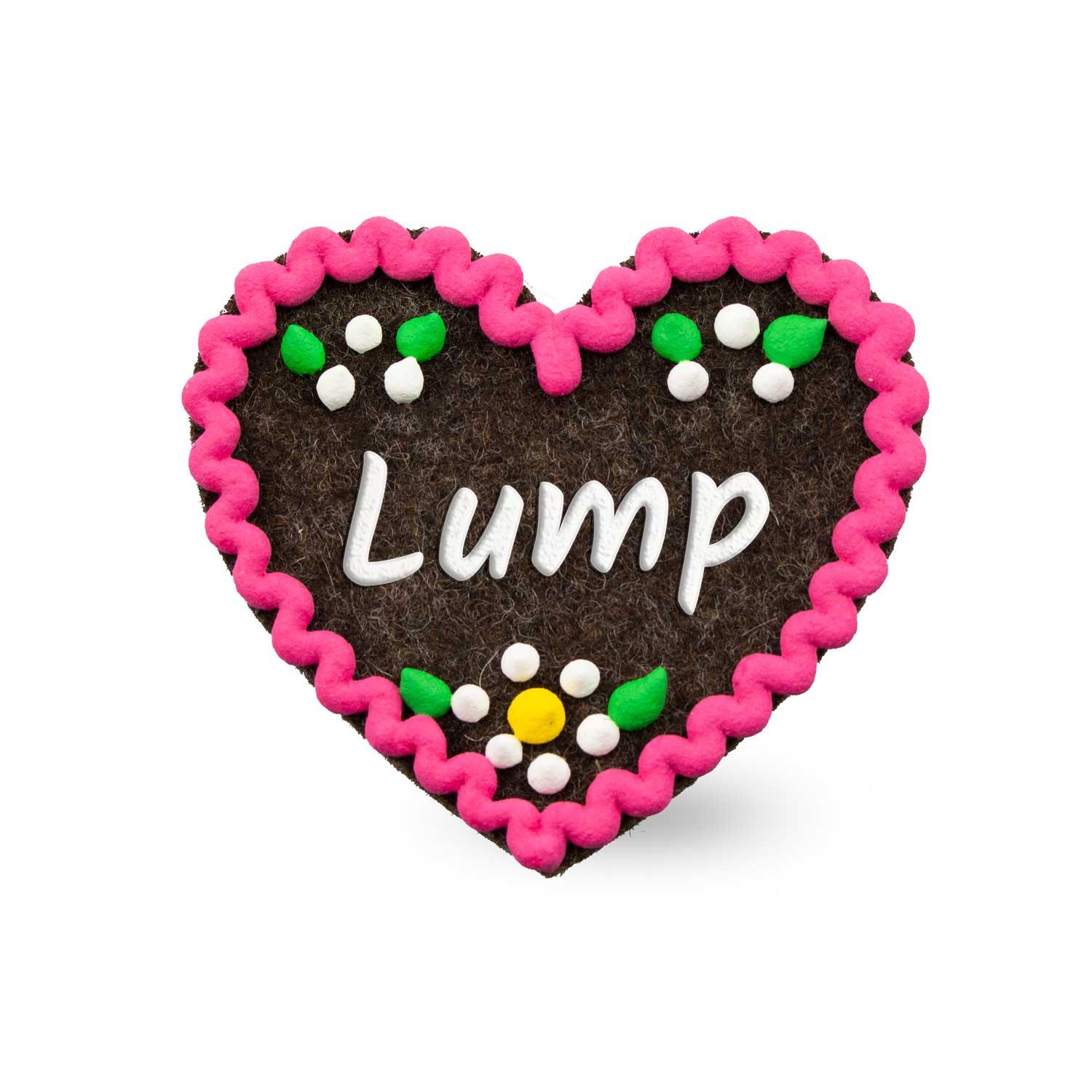 Brauner Filzherz-Anstecker "Lump" mit rosa gewelltem Rand und bunter Blumenverzierung