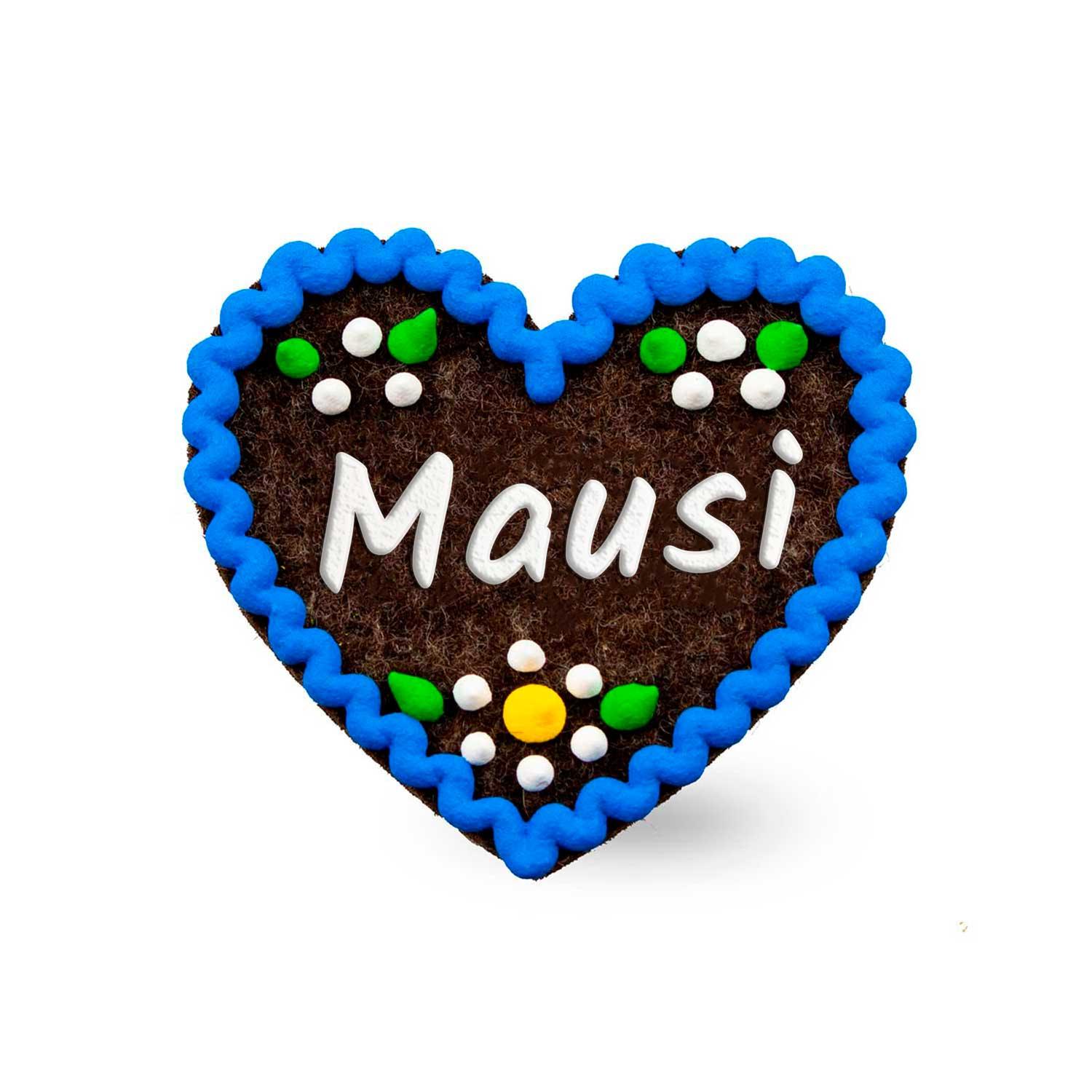 Filzherz-Anstecker Mausi in Lebkuchenoptik mit blauer Zackenbordüre und bunten Zuckerperlen