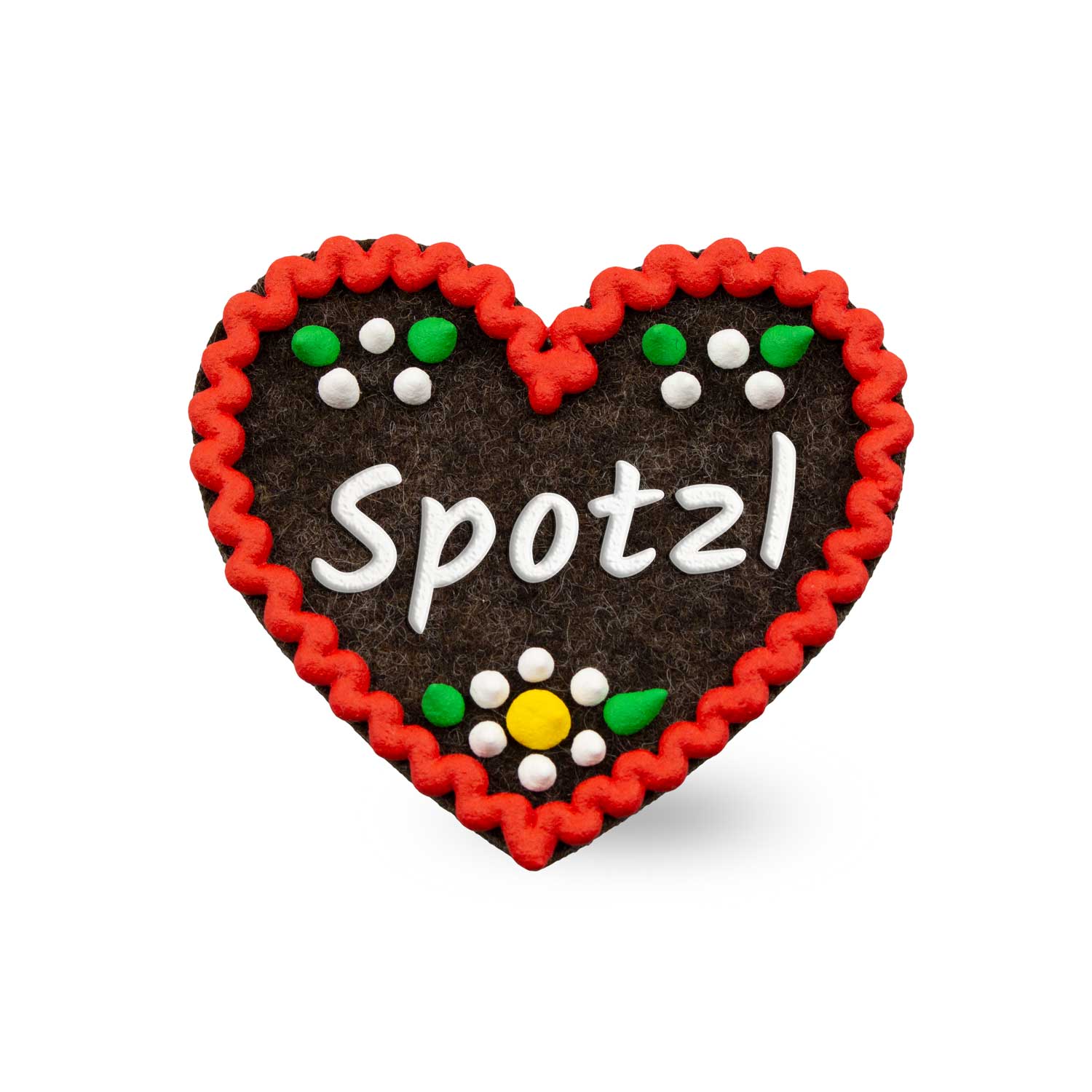 Brauner Filzherz-Anstecker Spotzl mit weißer Schrift, rotem Zickzackrand und bunten Punkten