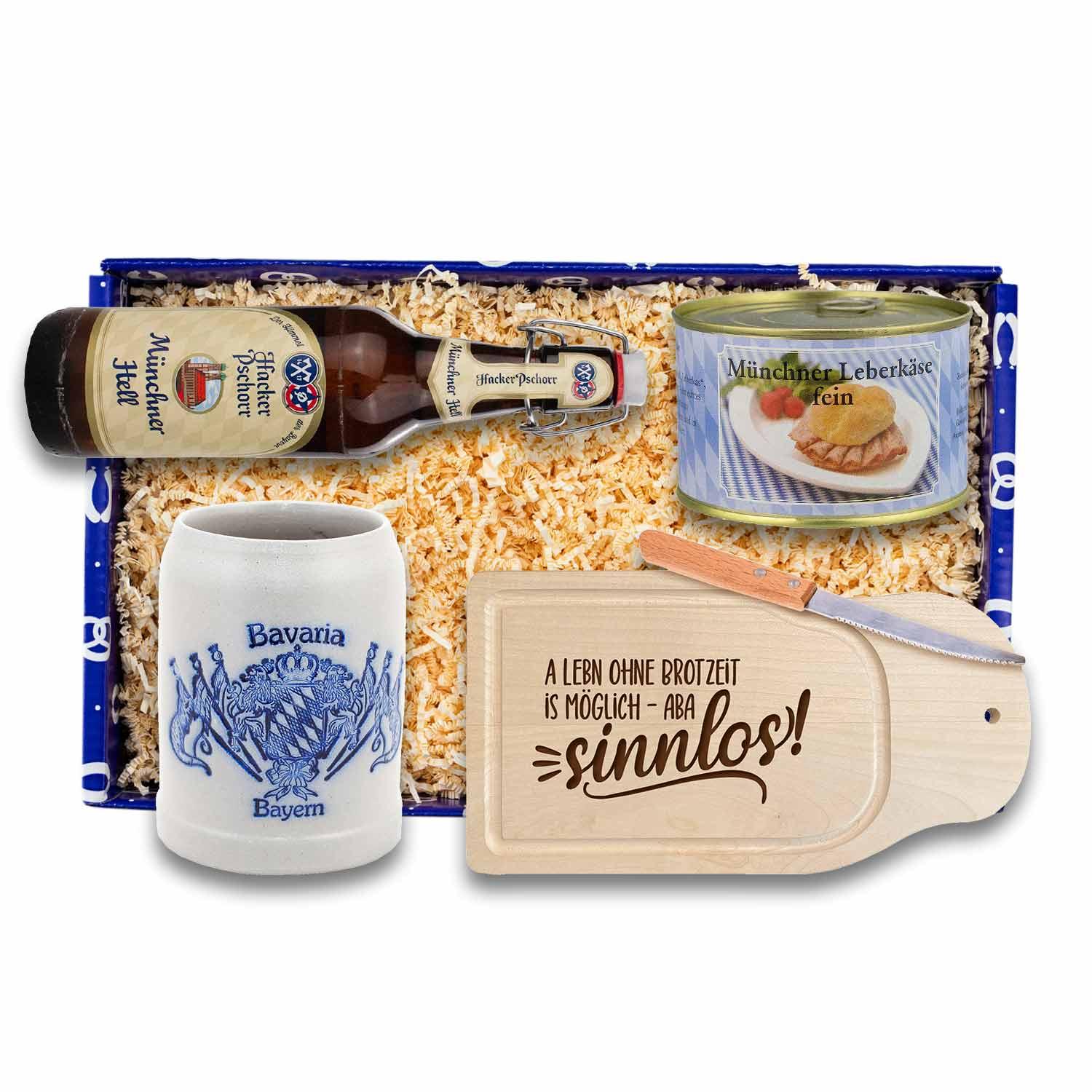 Geschenkbox "A gschmackige Brotzeit" mit Münchner Bier, Leberkäse, Bierkrug und Brotzeitbrett