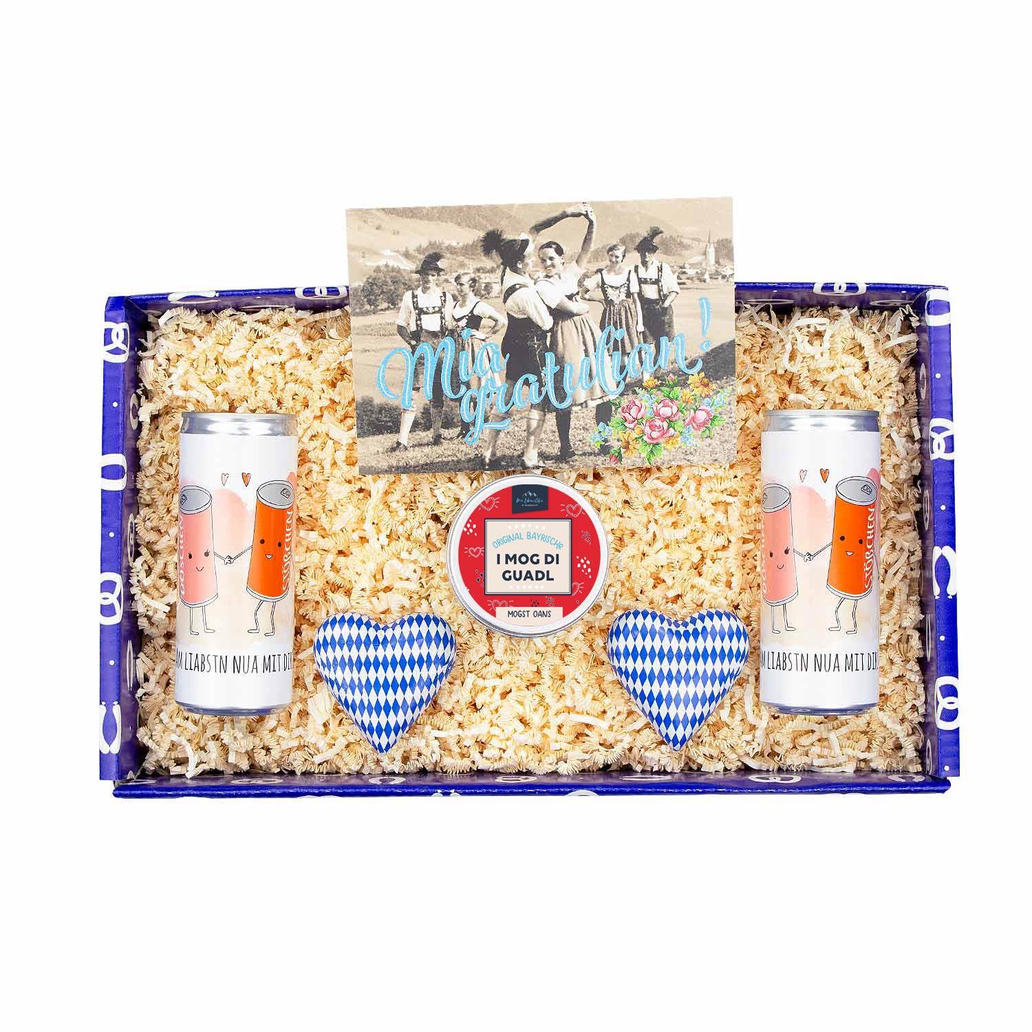 Geschenkbox Ois Guade zur Hochzeit mit Glückwünschkarte, Dose, zwei Dosengetränken und Herzen